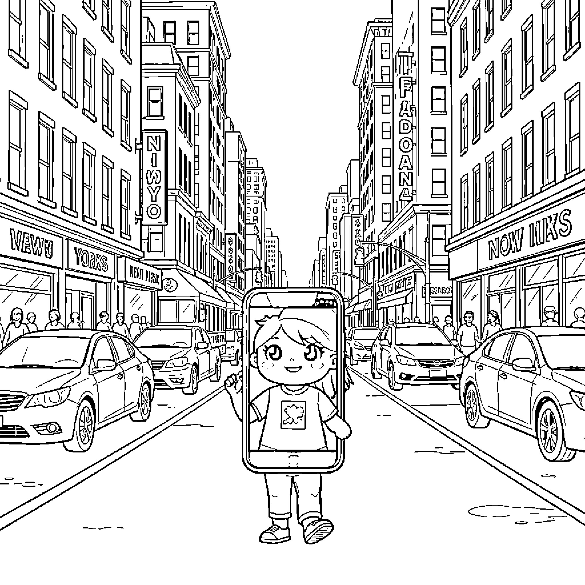 Smartphone displaying a girl in a busy city street Coloring Page (free black-and-white line drawing printable PDF for all, from beginners to advanced learners, including children, teens, adults, and seniors)
