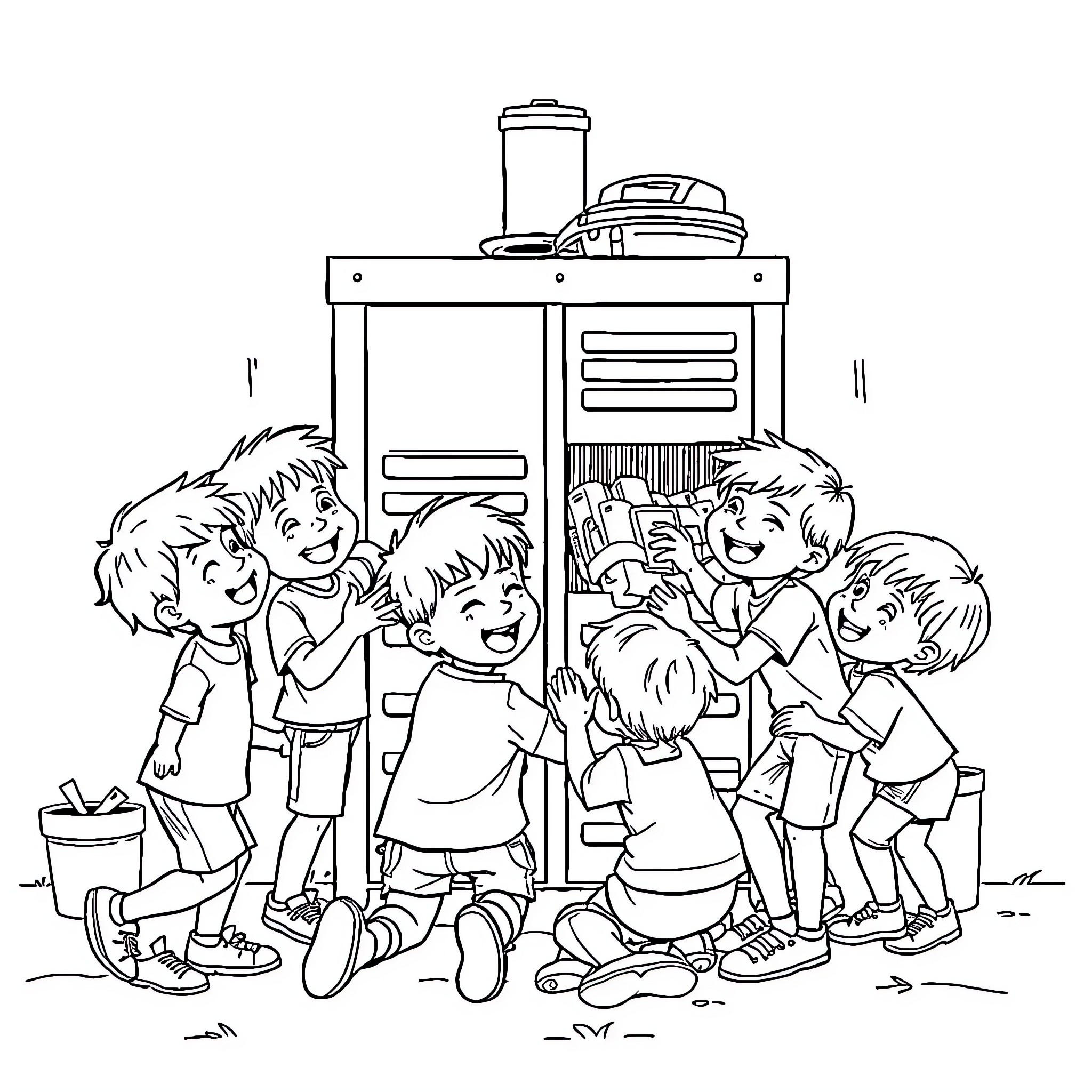 Kids having fun with household appliances Coloring Page (free black-and-white line drawing printable PDF for all, from beginners to advanced learners, including children, teens, adults, and seniors)