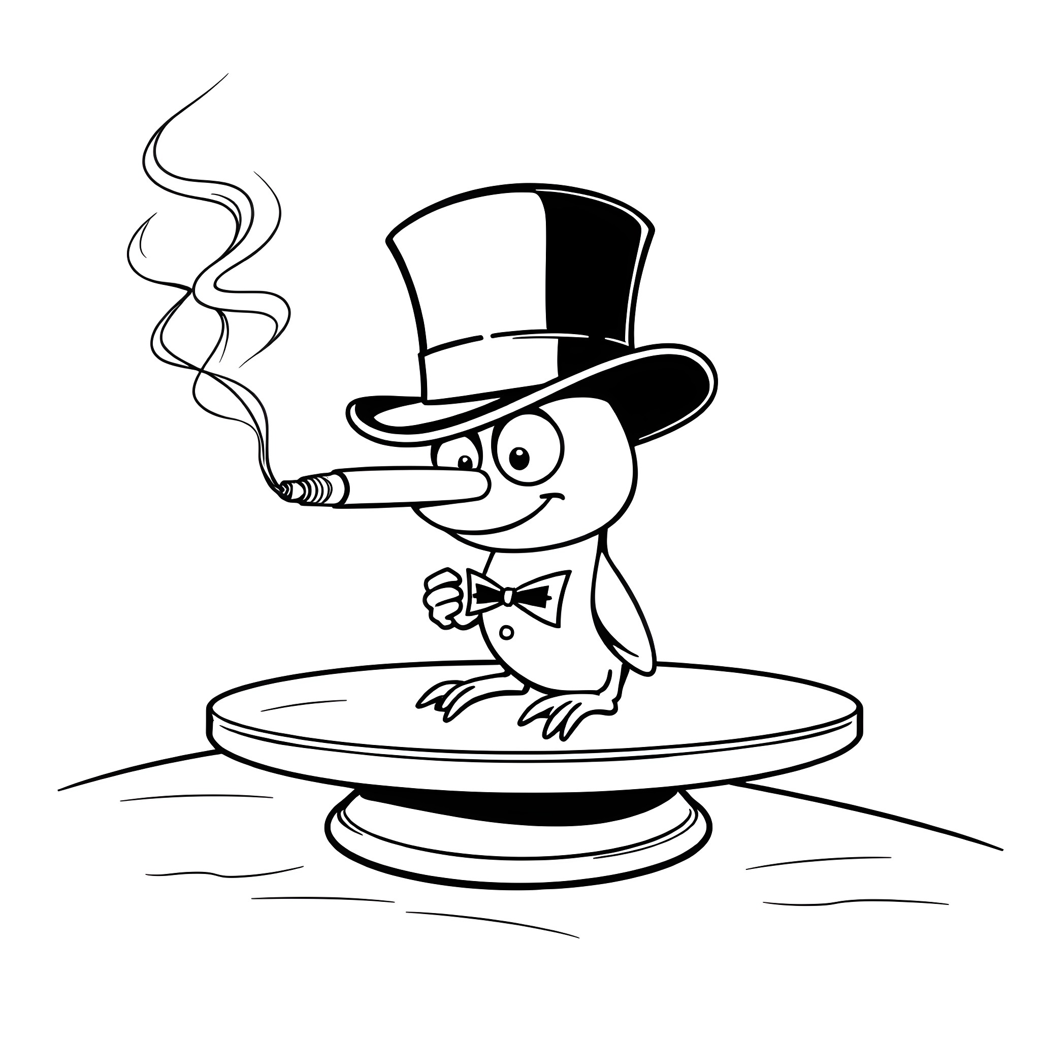 Cigarette-smoking penguin in top hat Coloring Page (free black-and-white line drawing printable PDF for all, from beginners to advanced learners, including children, teens, adults, and seniors)
