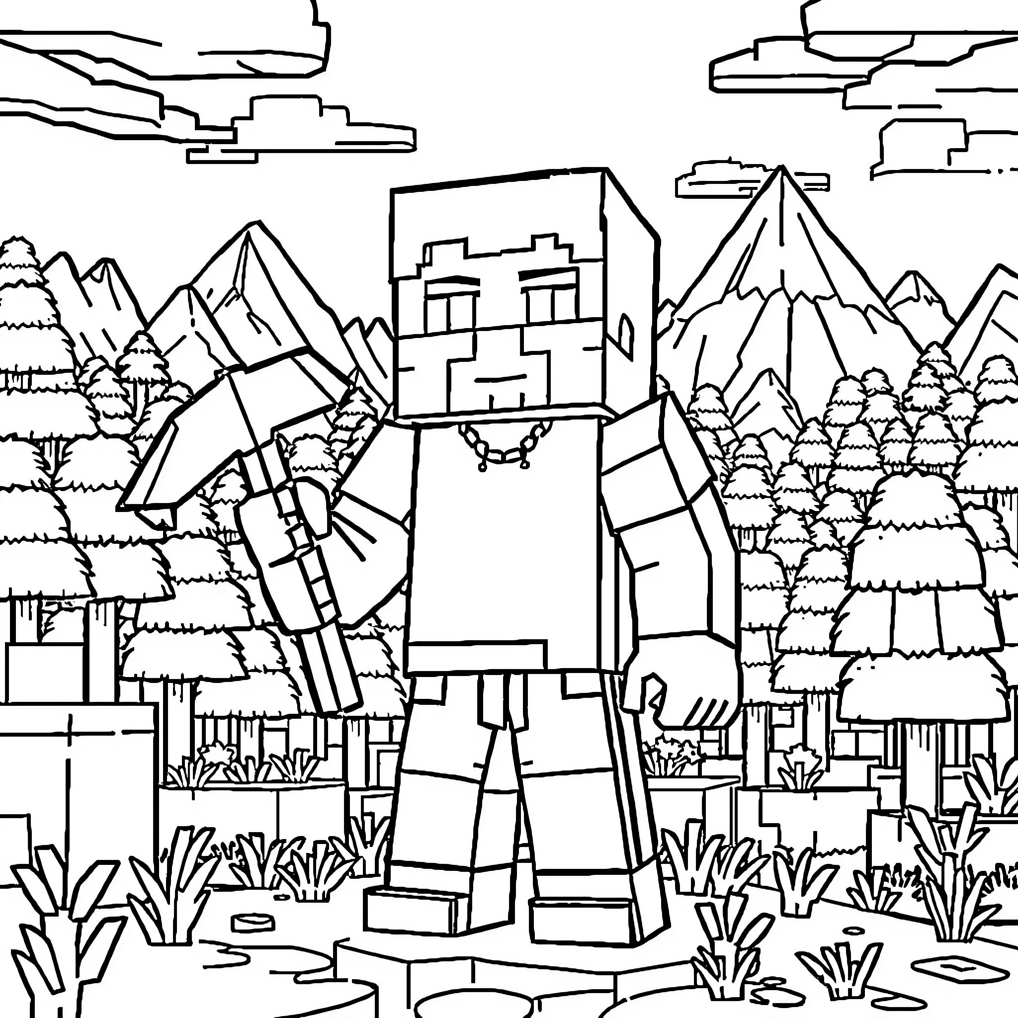 Steve's Blocky Adventure in the Wilderness Coloring Page (free black-and-white line drawing printable PDF for all, from beginners to advanced learners, including children, teens, adults, and seniors)