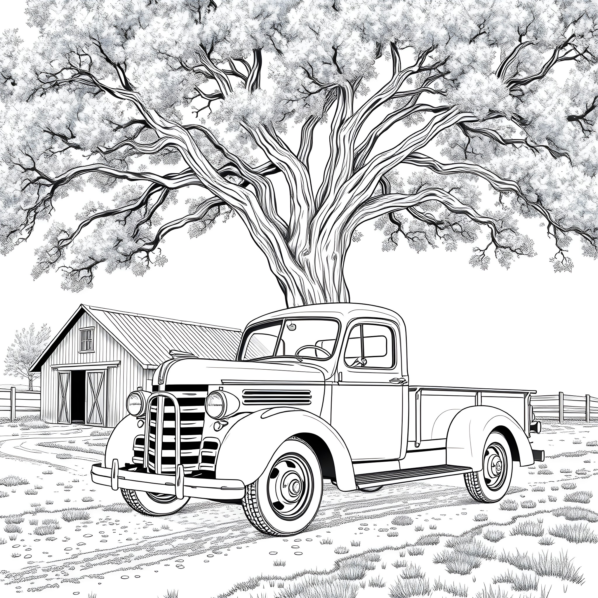 Truck parked under a snowy tree in a rural setting Coloring Page (free black-and-white line drawing printable PDF for all, from beginners to advanced learners, including children, teens, adults, and seniors)