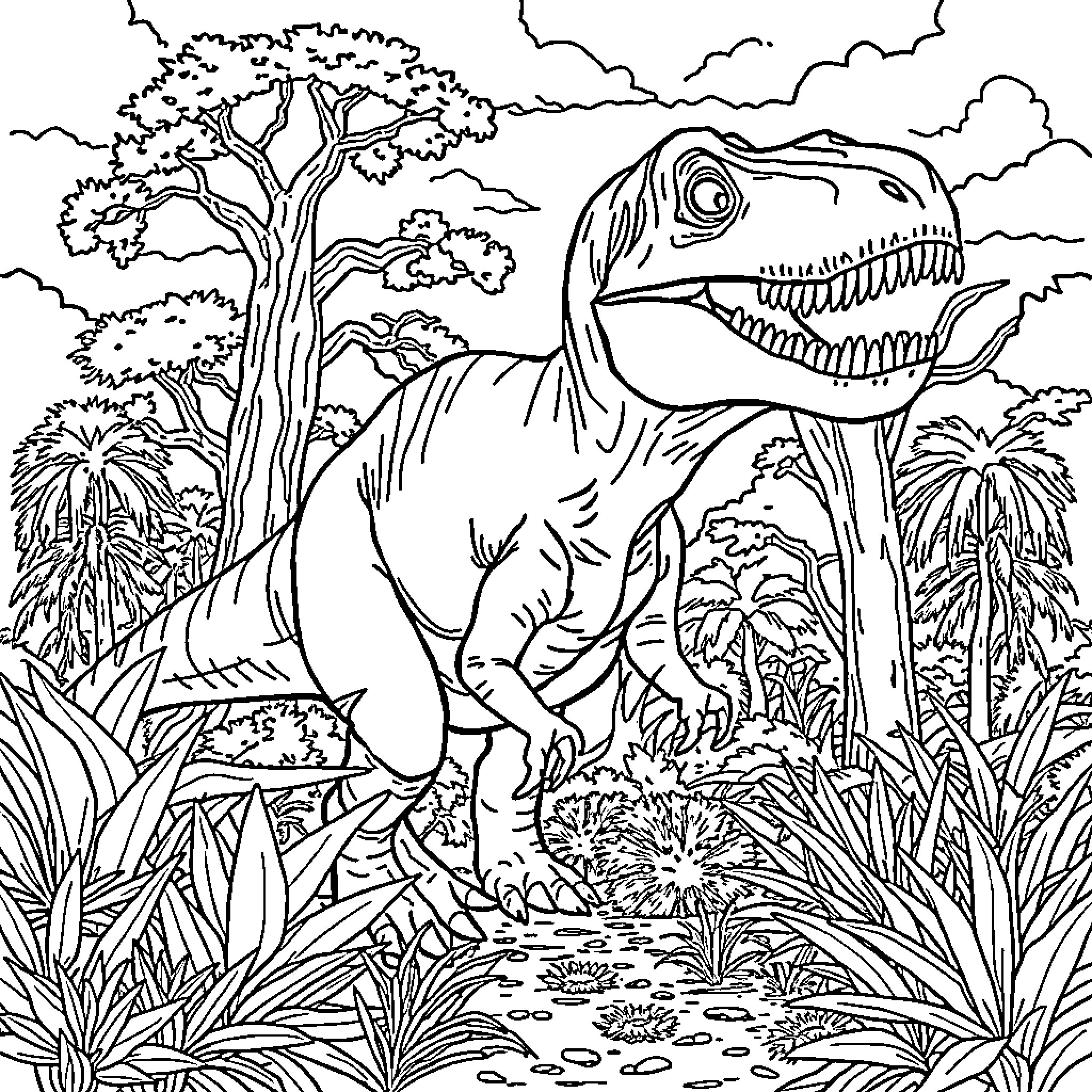 Dinosaur roaming in the prehistoric jungle landscape Coloring Page (free black-and-white line drawing printable PDF for all, from beginners to advanced learners, including children, teens, adults, and seniors)