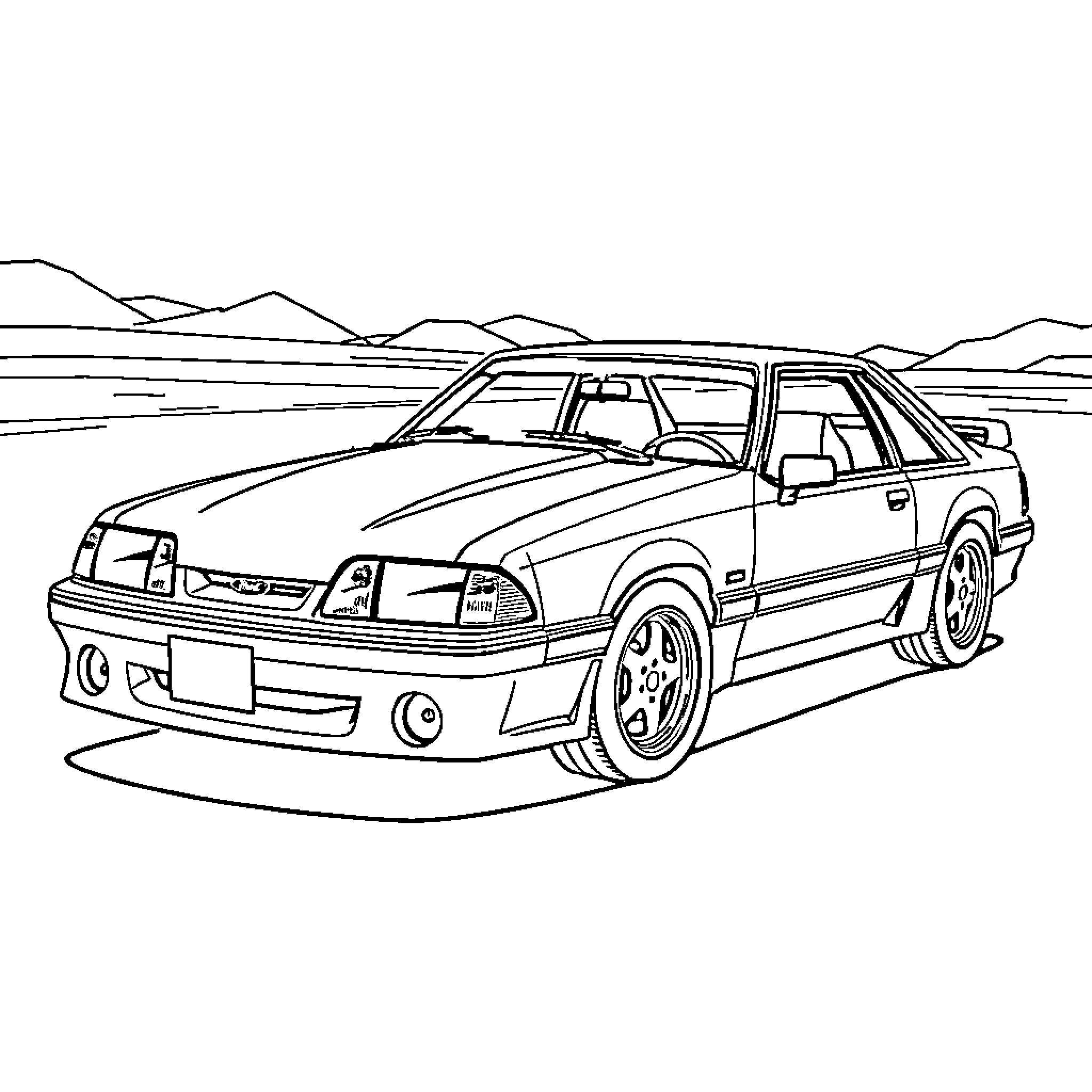 Fox Body Mustang on open road with mountains Coloring Page (free black-and-white line drawing printable PDF for all, from beginners to advanced learners, including children, teens, adults, and seniors)