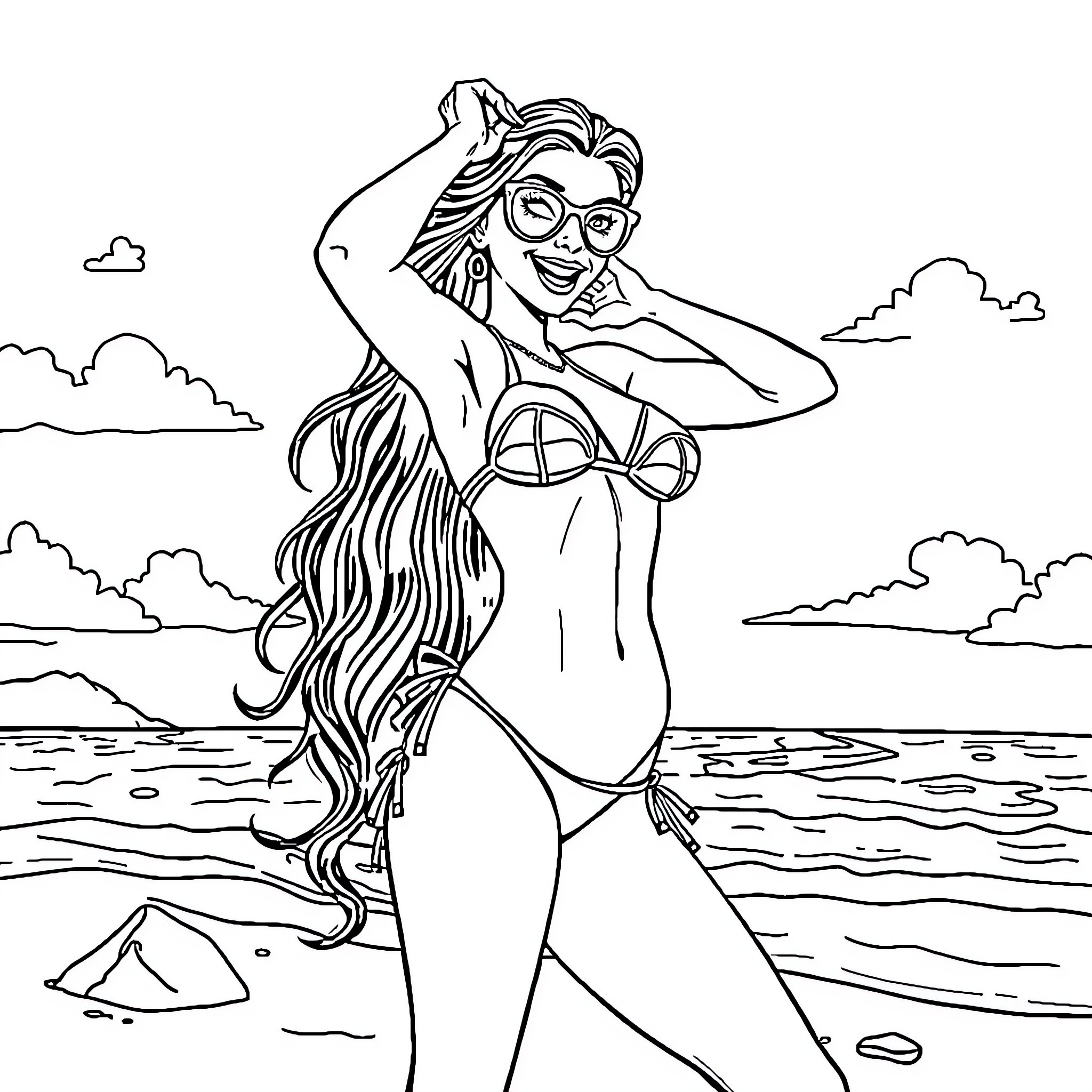 Elizabeth enjoying the sun and surf in a swimsuit Coloring Page (free black-and-white line drawing printable PDF for all, from beginners to advanced learners, including children, teens, adults, and seniors)