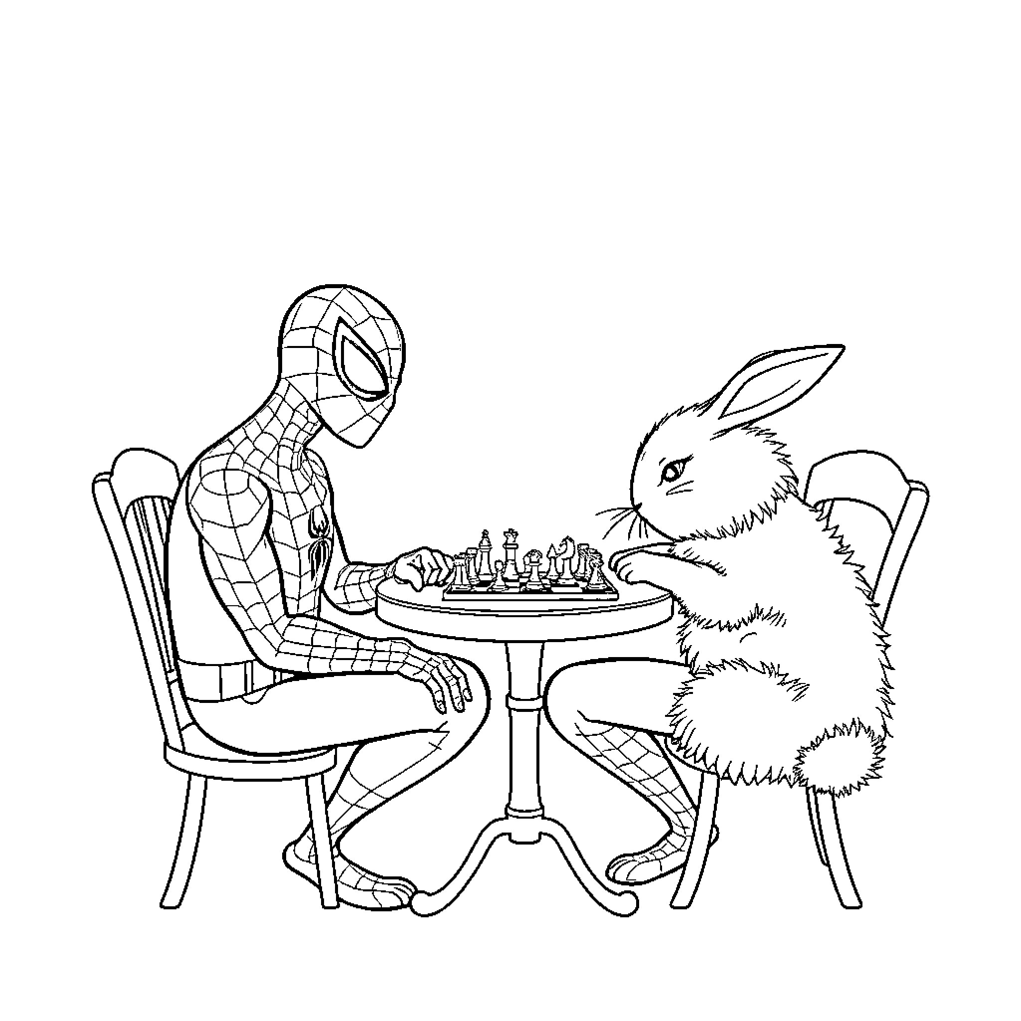 Spider-Man playing chess with a giant rabbit Coloring Page (free black-and-white line drawing printable PDF for all, from beginners to advanced learners, including children, teens, adults, and seniors)