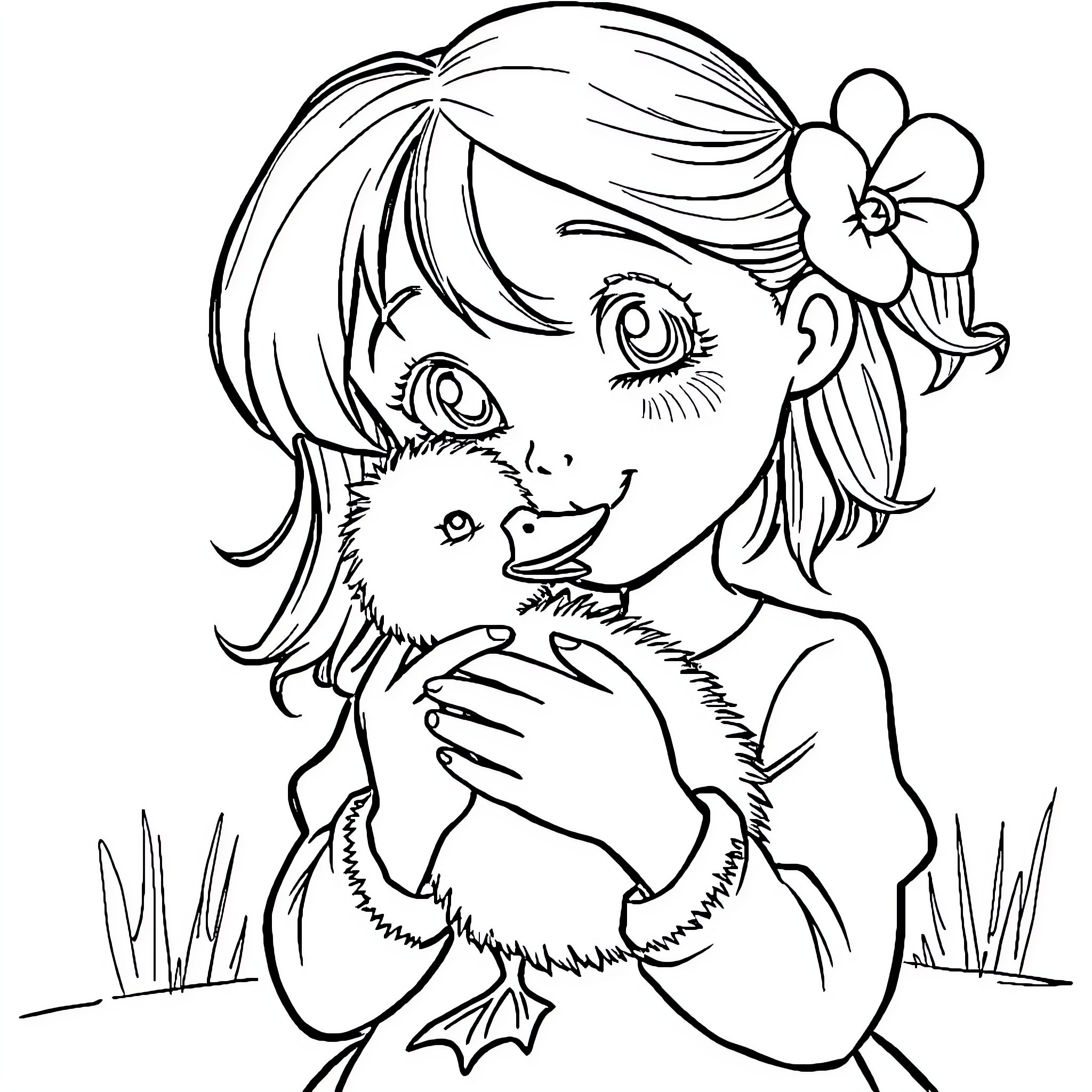 Girl playing with a furry creature in nature Coloring Page (free black-and-white line drawing printable PDF for all, from beginners to advanced learners, including children, teens, adults, and seniors)