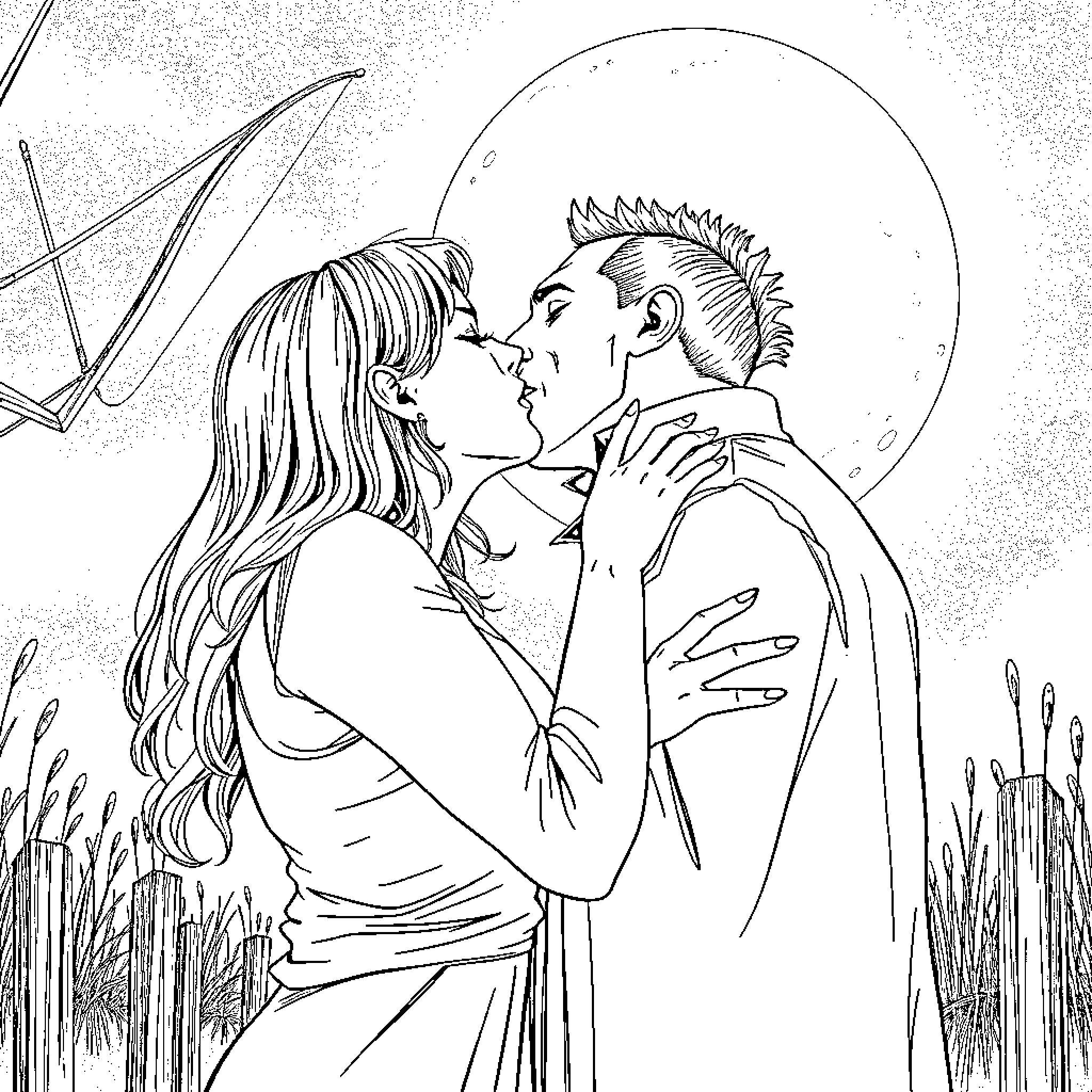 Buffy and her lover embrace passionately in the night Coloring Page (free black-and-white line drawing printable PDF for all, from beginners to advanced learners, including children, teens, adults, and seniors)