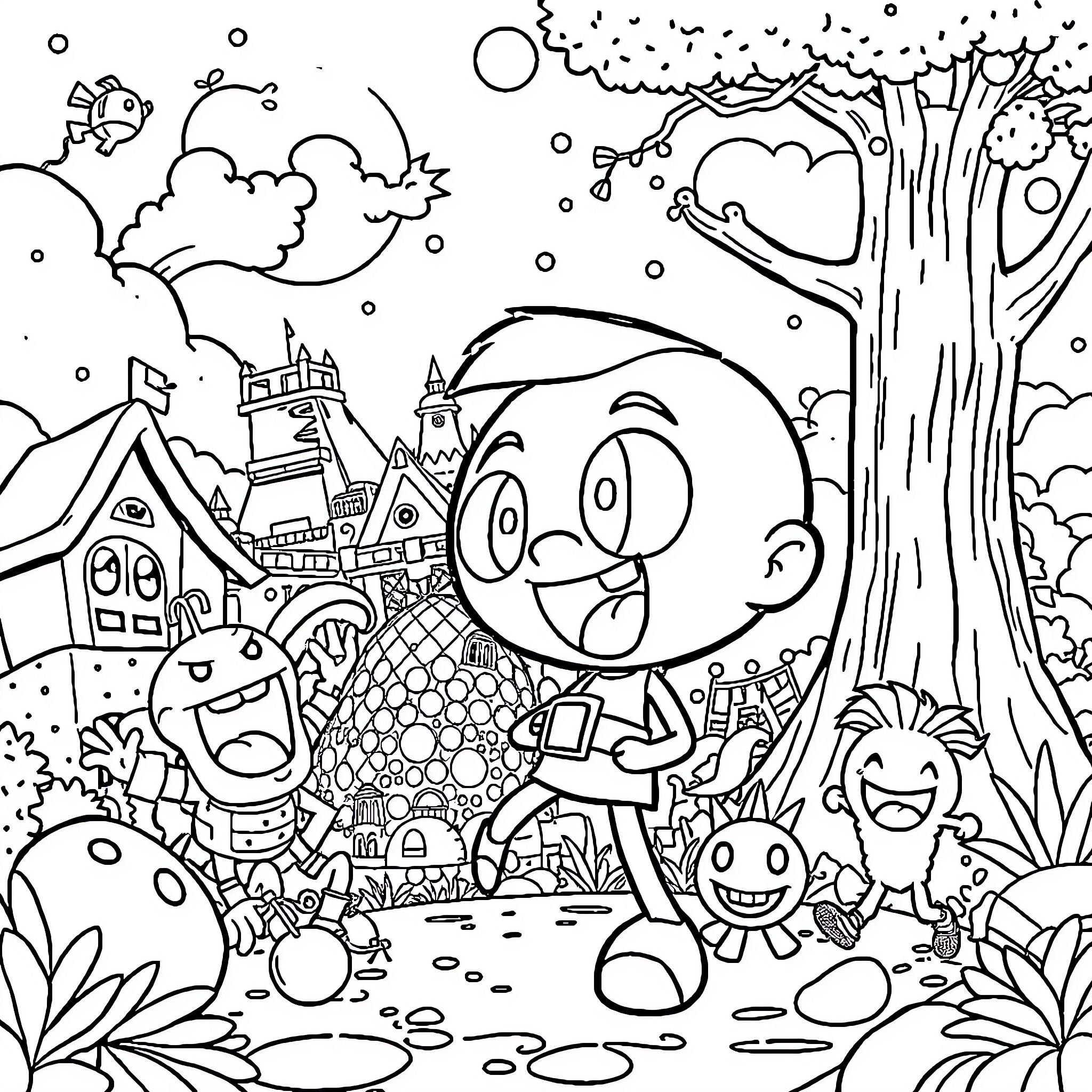 Gumball's Fantastical Adventure in a Whimsical World Coloring Page (free black-and-white line drawing printable PDF for all, from beginners to advanced learners, including children, teens, adults, and seniors)