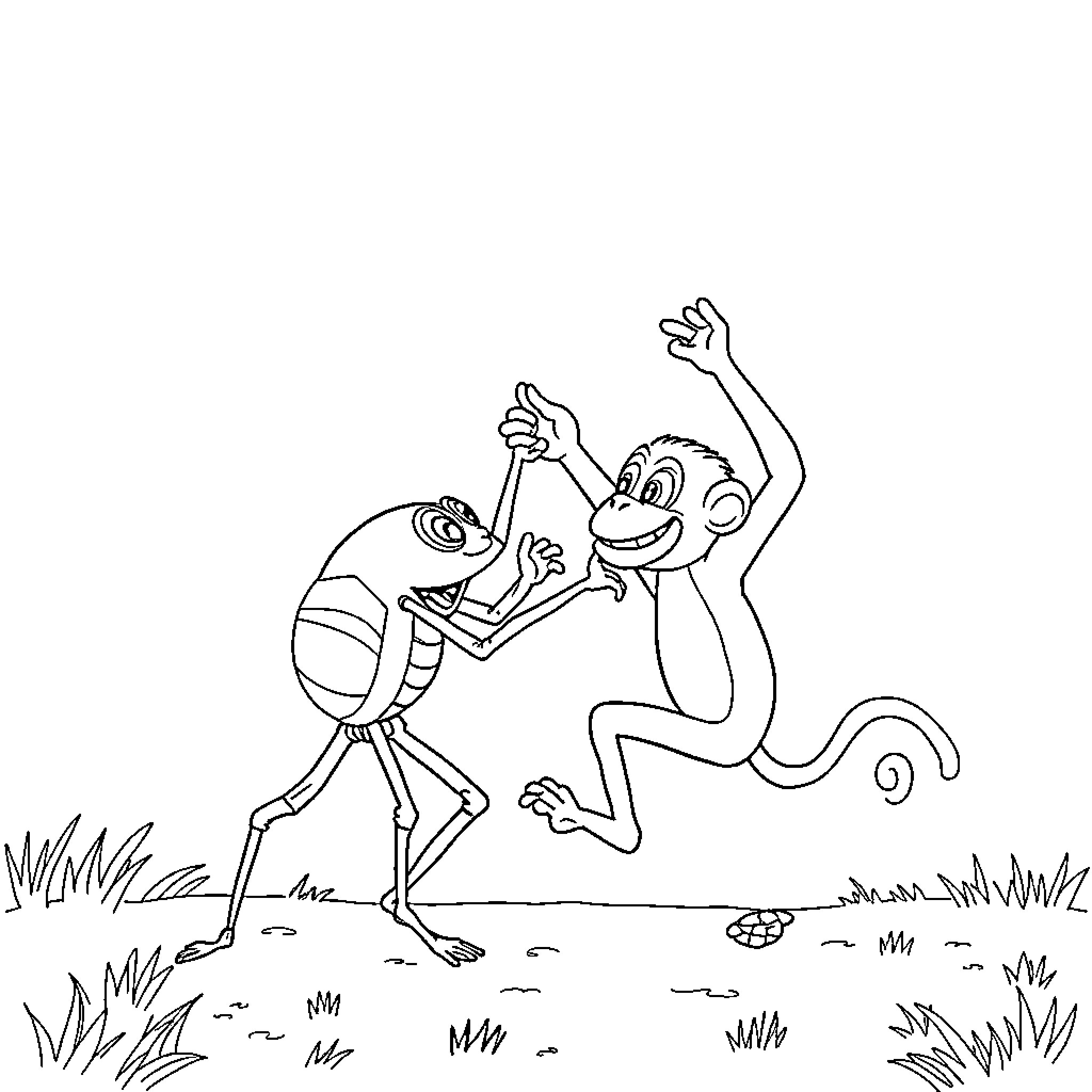 Spider characters playing happily in the field Coloring Page (free black-and-white line drawing printable PDF for all, from beginners to advanced learners, including children, teens, adults, and seniors)