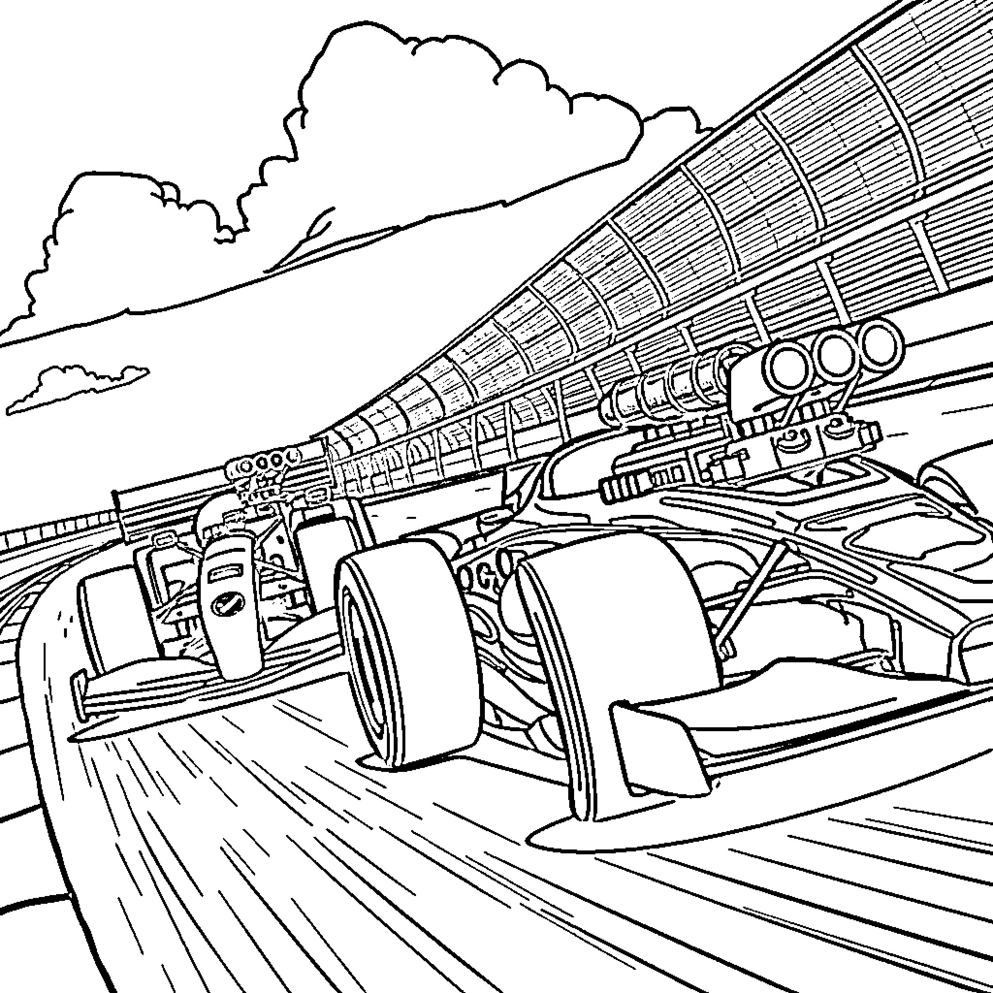 Race Car Speeding Down the Track Coloring Page (free black-and-white line drawing printable PDF for all, from beginners to advanced learners, including children, teens, adults, and seniors)