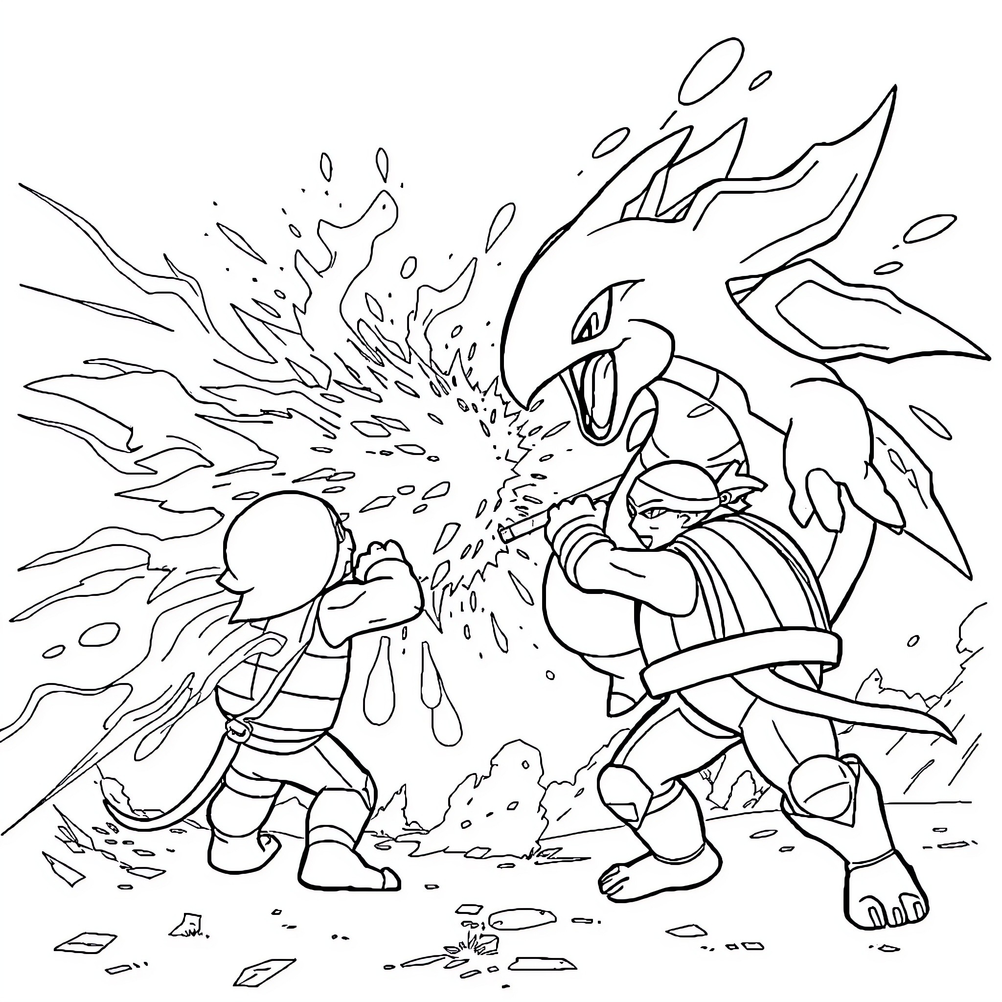 Pokémon trainers in an intense battle Coloring Page (free black-and-white line drawing printable PDF for all, from beginners to advanced learners, including children, teens, adults, and seniors)