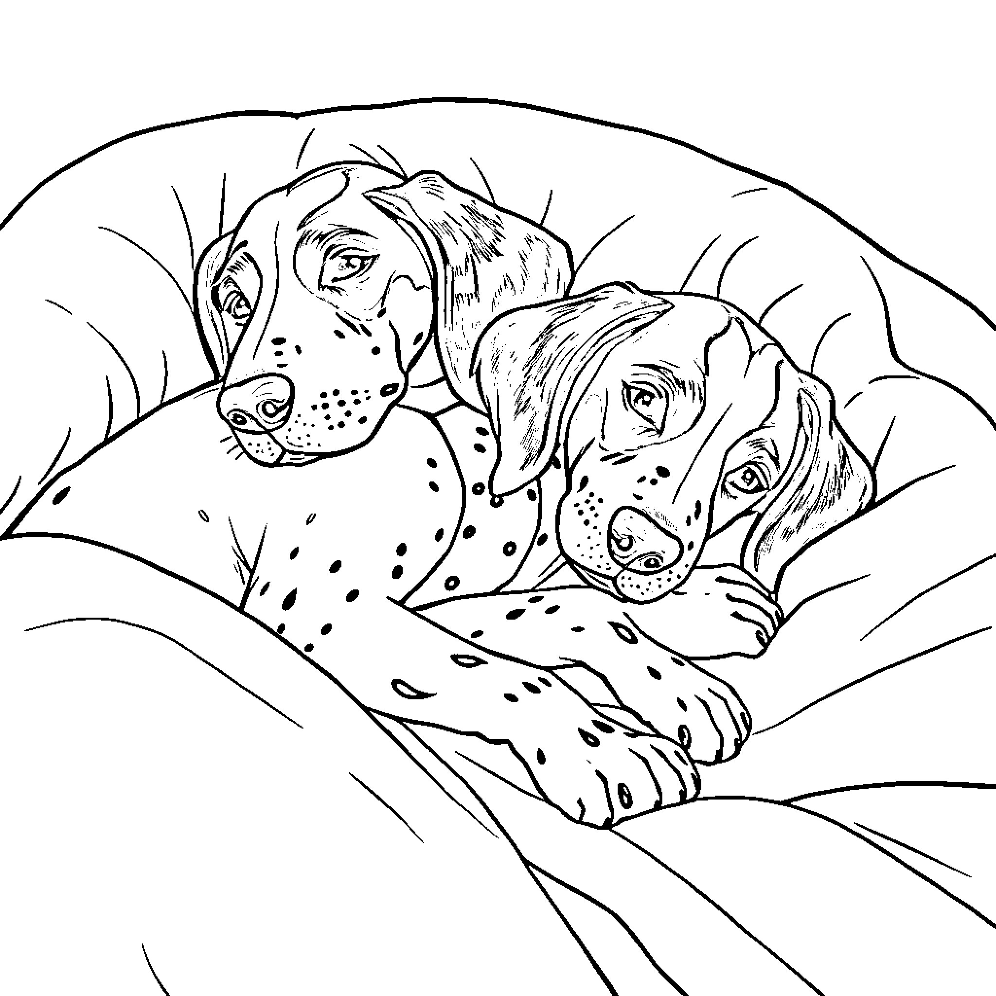 German Shorthaired Pointer puppies exploring the outdoors Coloring Page (free black-and-white line drawing printable PDF for all, from beginners to advanced learners, including children, teens, adults, and seniors)