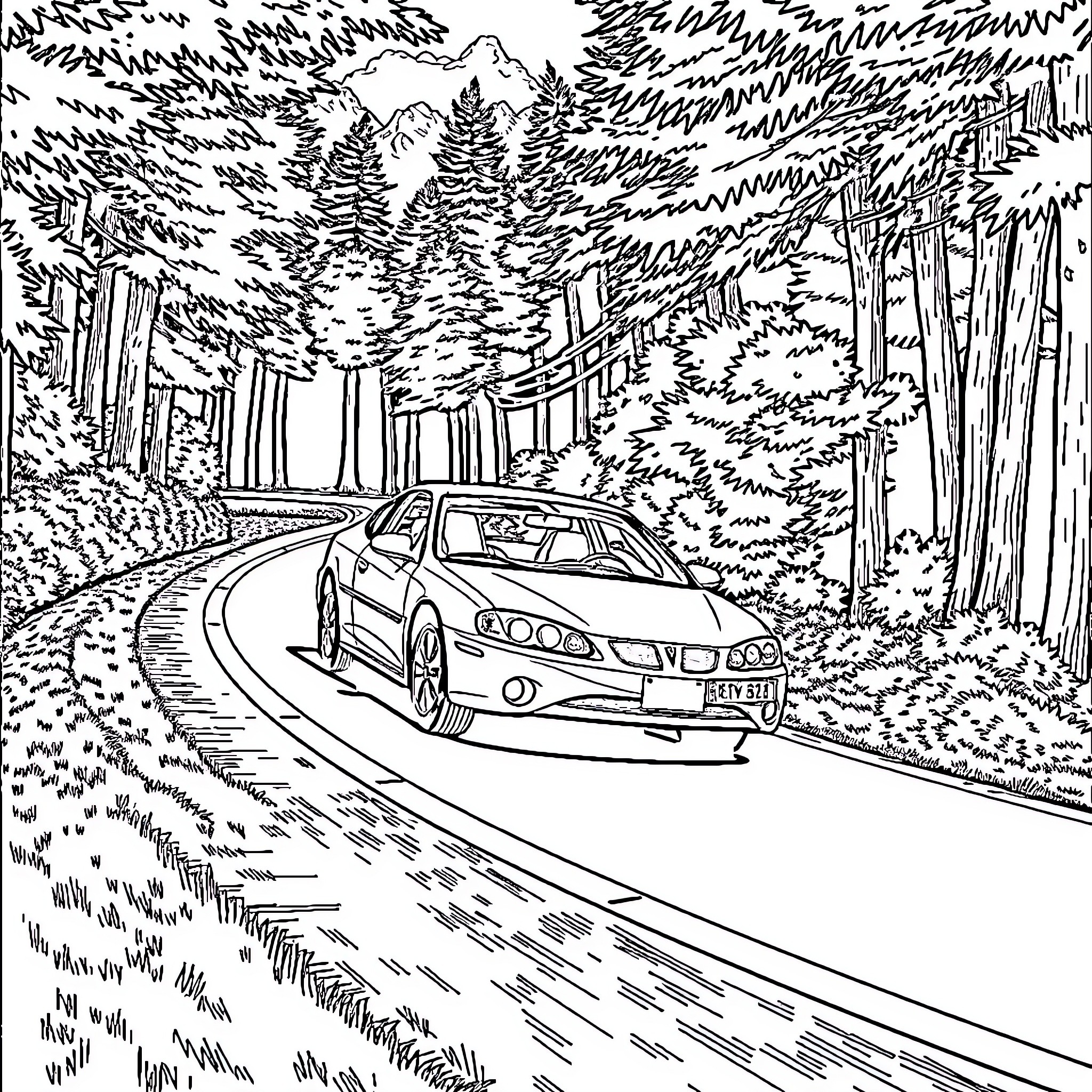 Pontiac Grand Prix speeding through winding forest road Coloring Page (free black-and-white line drawing printable PDF for all, from beginners to advanced learners, including children, teens, adults, and seniors)