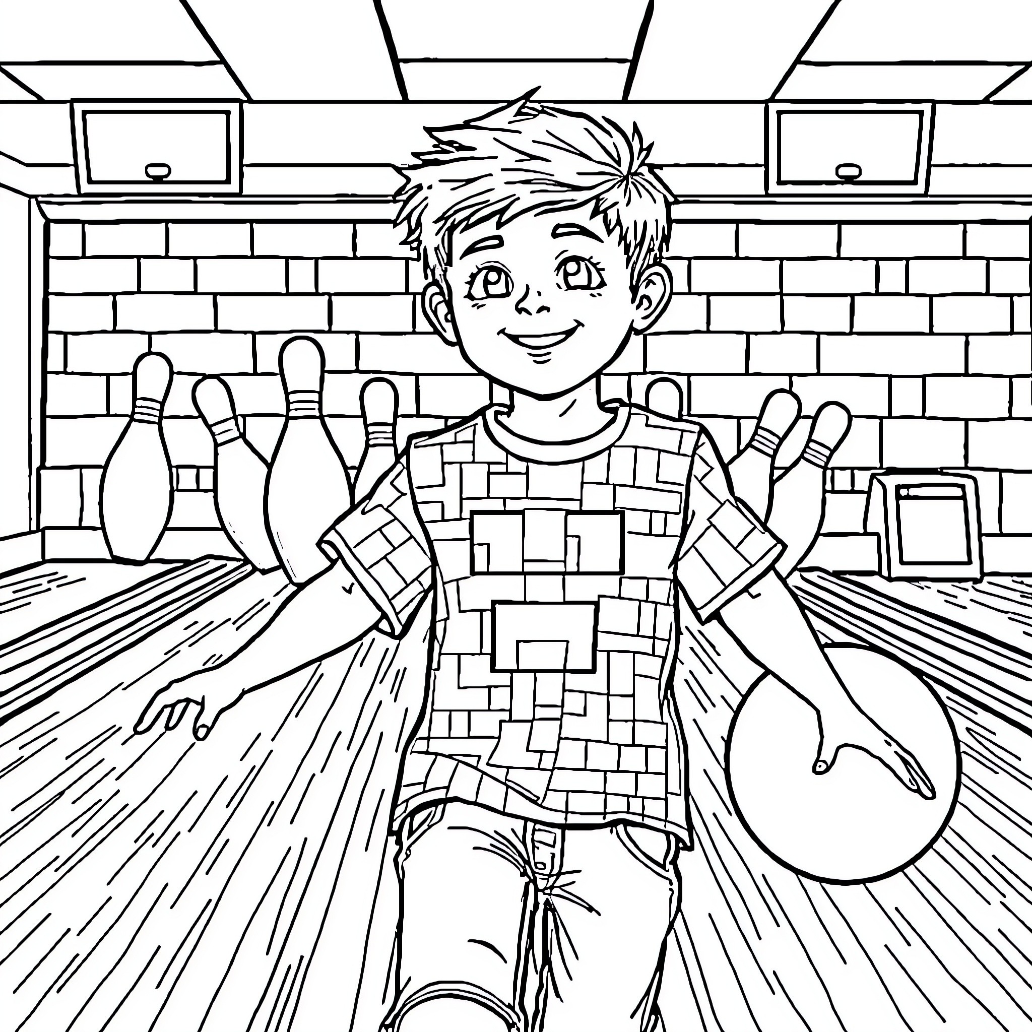 Boy joyfully bowling in bowling alley Coloring Page (free black-and-white line drawing printable PDF for all, from beginners to advanced learners, including children, teens, adults, and seniors)