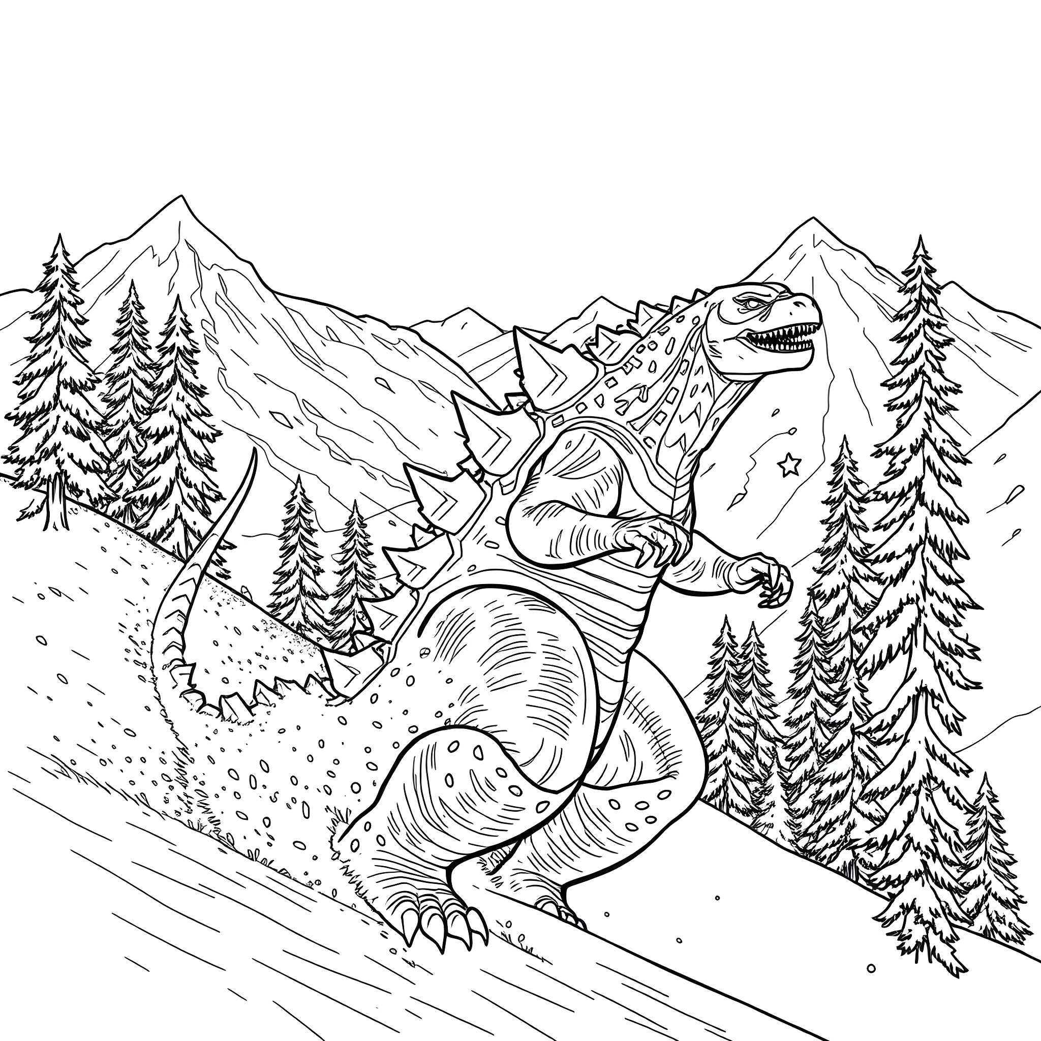 Godzilla Stomping Through the Snowy Mountains Coloring Page (free black-and-white line drawing printable PDF for all, from beginners to advanced learners, including children, teens, adults, and seniors)