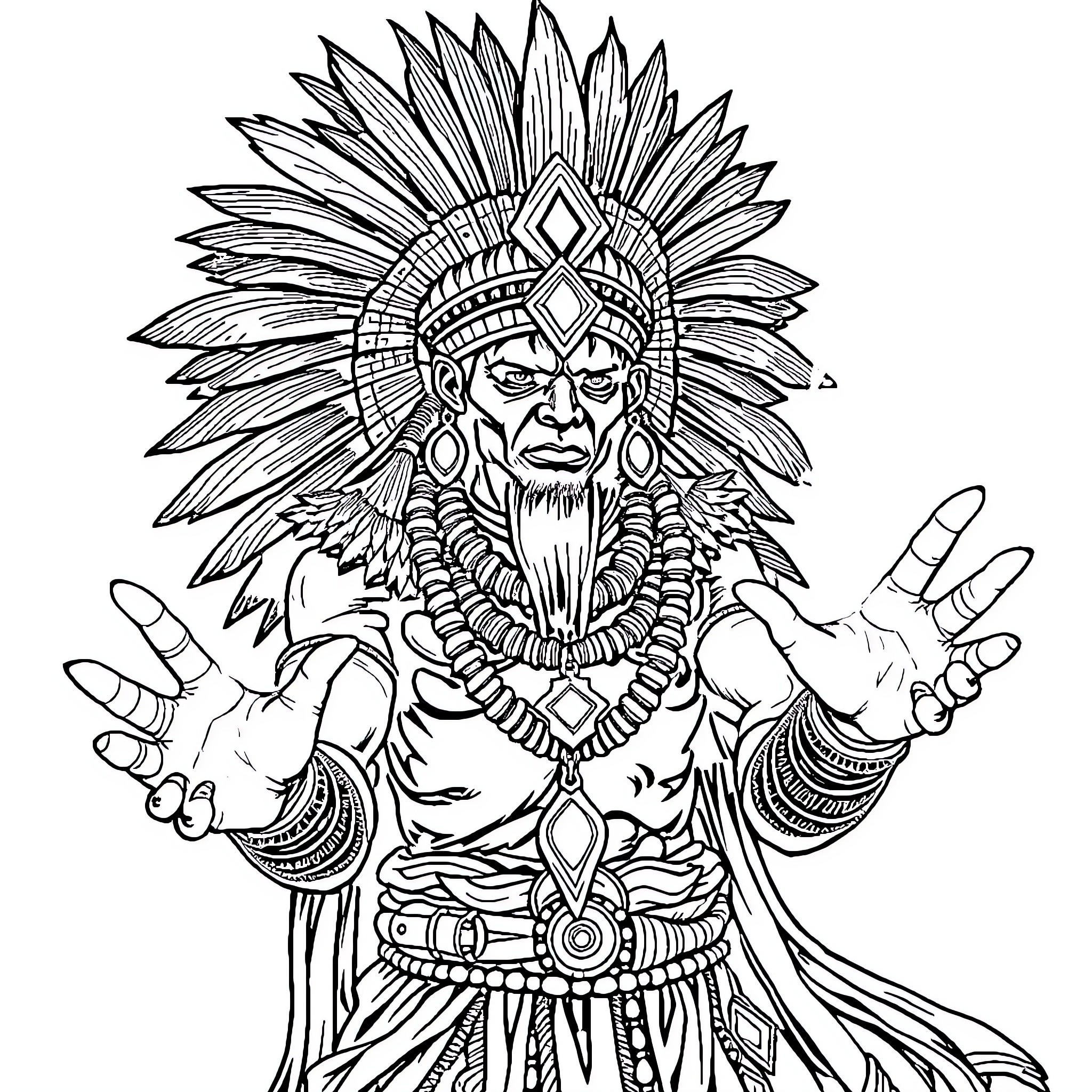 Hero Chief in Ceremonial Regalia Coloring Page (free black-and-white line drawing printable PDF for all, from beginners to advanced learners, including children, teens, adults, and seniors)