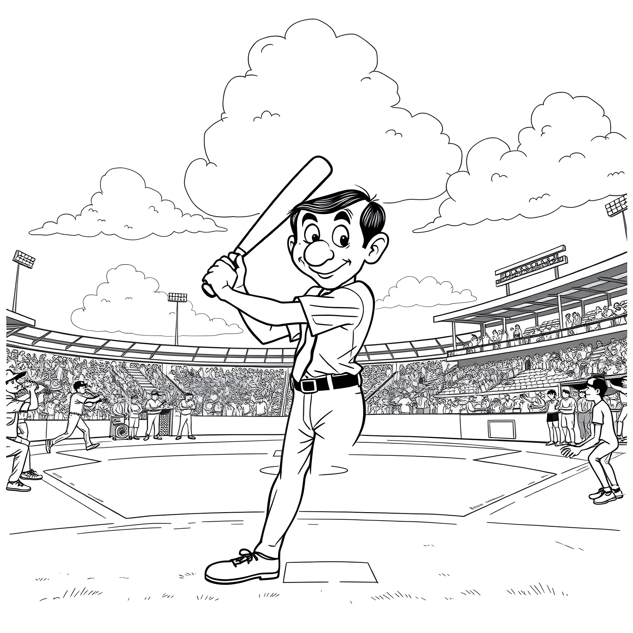Mr Bean plays baseball in the stadium Coloring Page (free black-and-white line drawing printable PDF for all, from beginners to advanced learners, including children, teens, adults, and seniors)