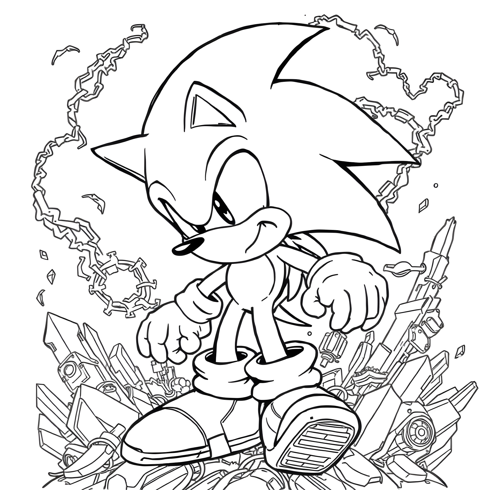 Sonic posing amidst futuristic technology Coloring Page (free black-and-white line drawing printable PDF for all, from beginners to advanced learners, including children, teens, adults, and seniors)