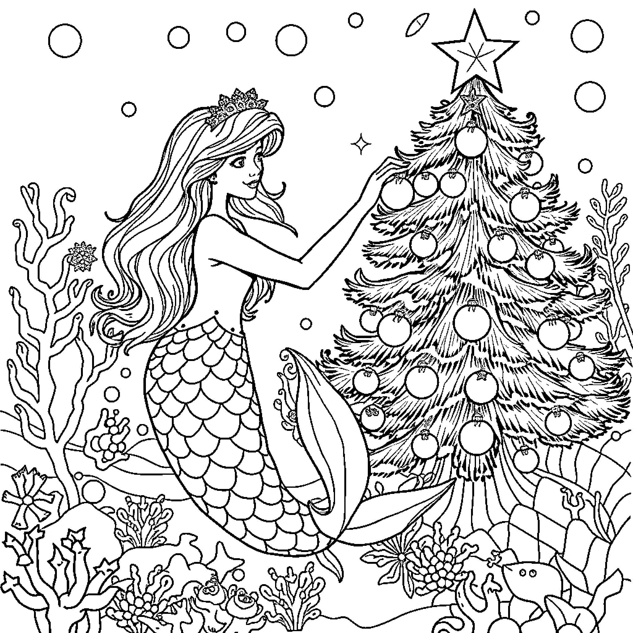 Mermaid decorating a Christmas tree underwater Coloring Page (free black-and-white line drawing printable PDF for all, from beginners to advanced learners, including children, teens, adults, and seniors)