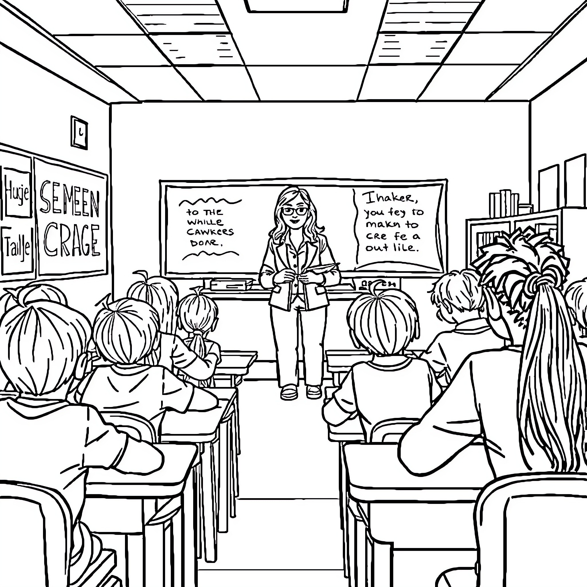Teacher Interacting with Students in Classroom Coloring Page (free black-and-white line drawing printable PDF for all, from beginners to advanced learners, including children, teens, adults, and seniors)