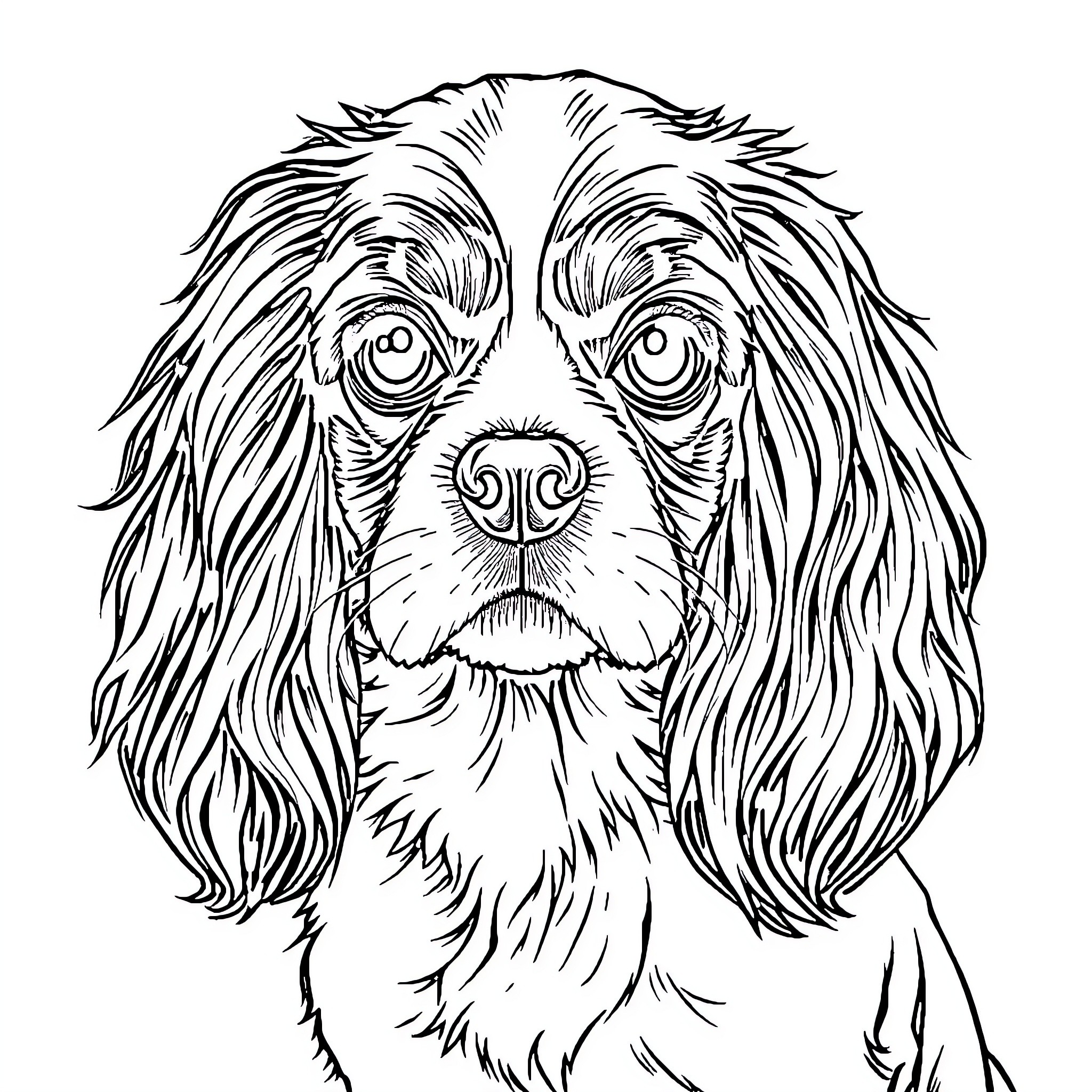 Cavalier King Charles Spaniel with Expressive Eyes Coloring Page (free black-and-white line drawing printable PDF for all, from beginners to advanced learners, including children, teens, adults, and seniors)