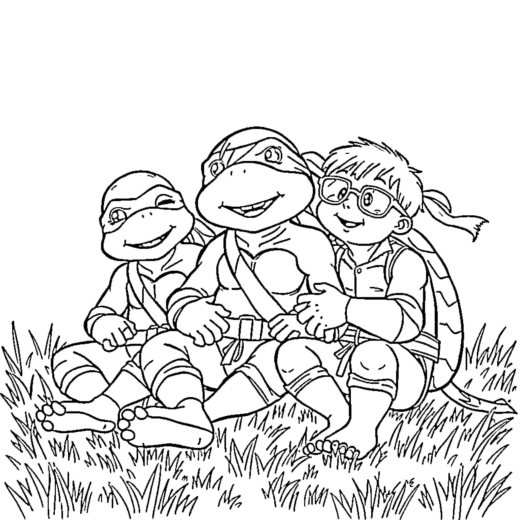 Ninja Turtles exploring the outdoors together Coloring Page (free black-and-white line drawing printable PDF for all, from beginners to advanced learners, including children, teens, adults, and seniors)