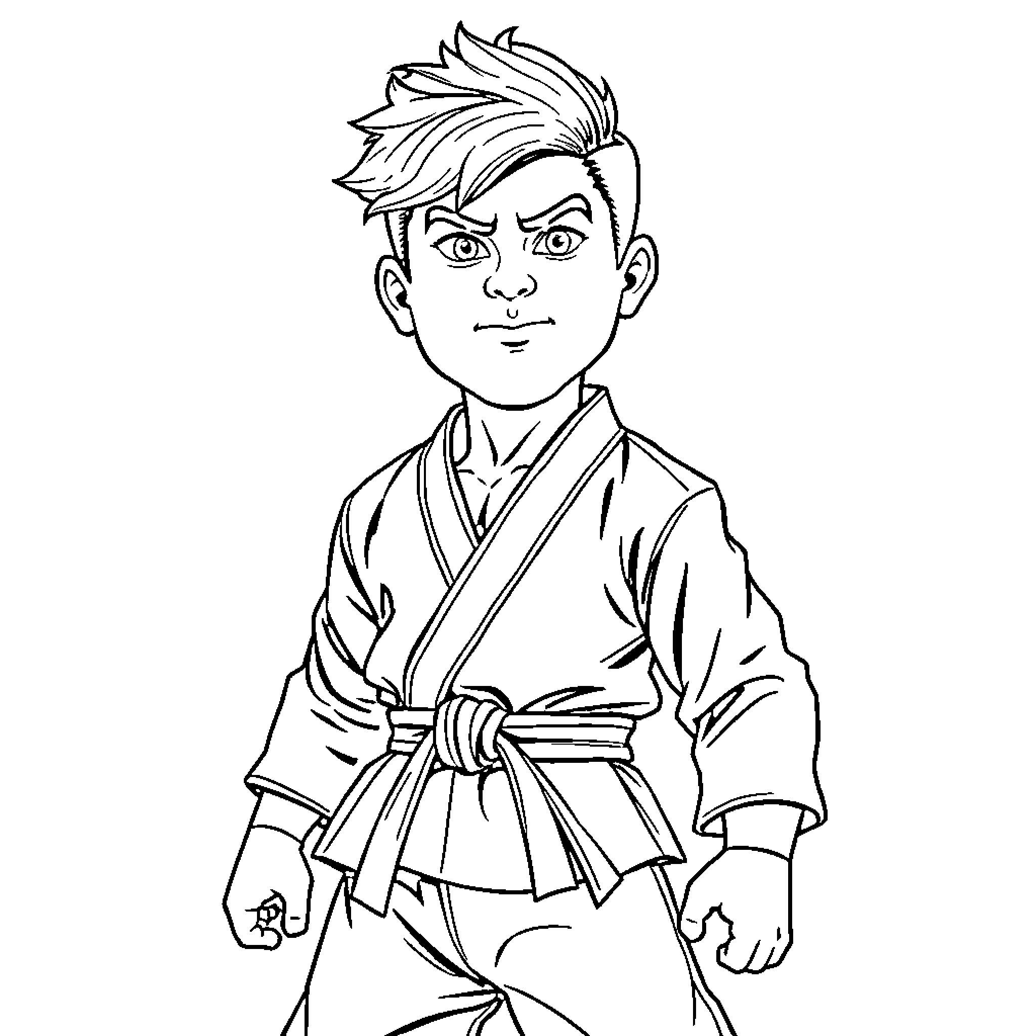 Ken in Martial Arts Stance Coloring Page (free black-and-white line drawing printable PDF for all, from beginners to advanced learners, including children, teens, adults, and seniors)