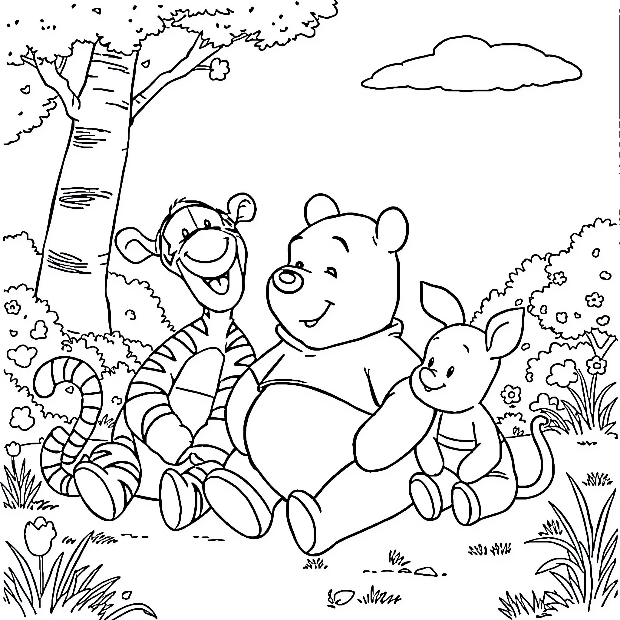 Pooh Bear and Friends Enjoying the Outdoors Coloring Page (free black-and-white line drawing printable PDF for all, from beginners to advanced learners, including children, teens, adults, and seniors)
