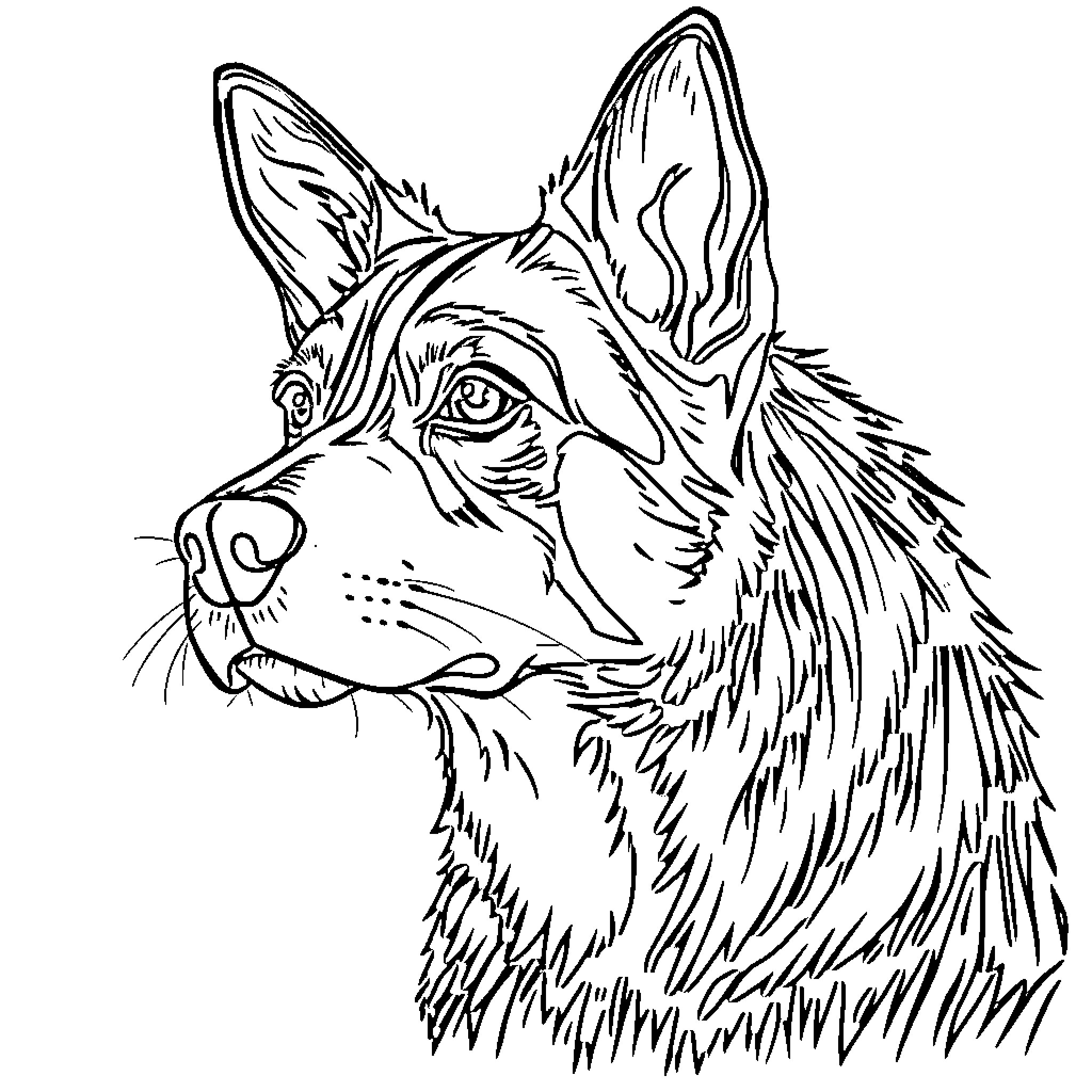 Dog in an Attentive Pose Coloring Page (free black-and-white line drawing printable PDF for all, from beginners to advanced learners, including children, teens, adults, and seniors)