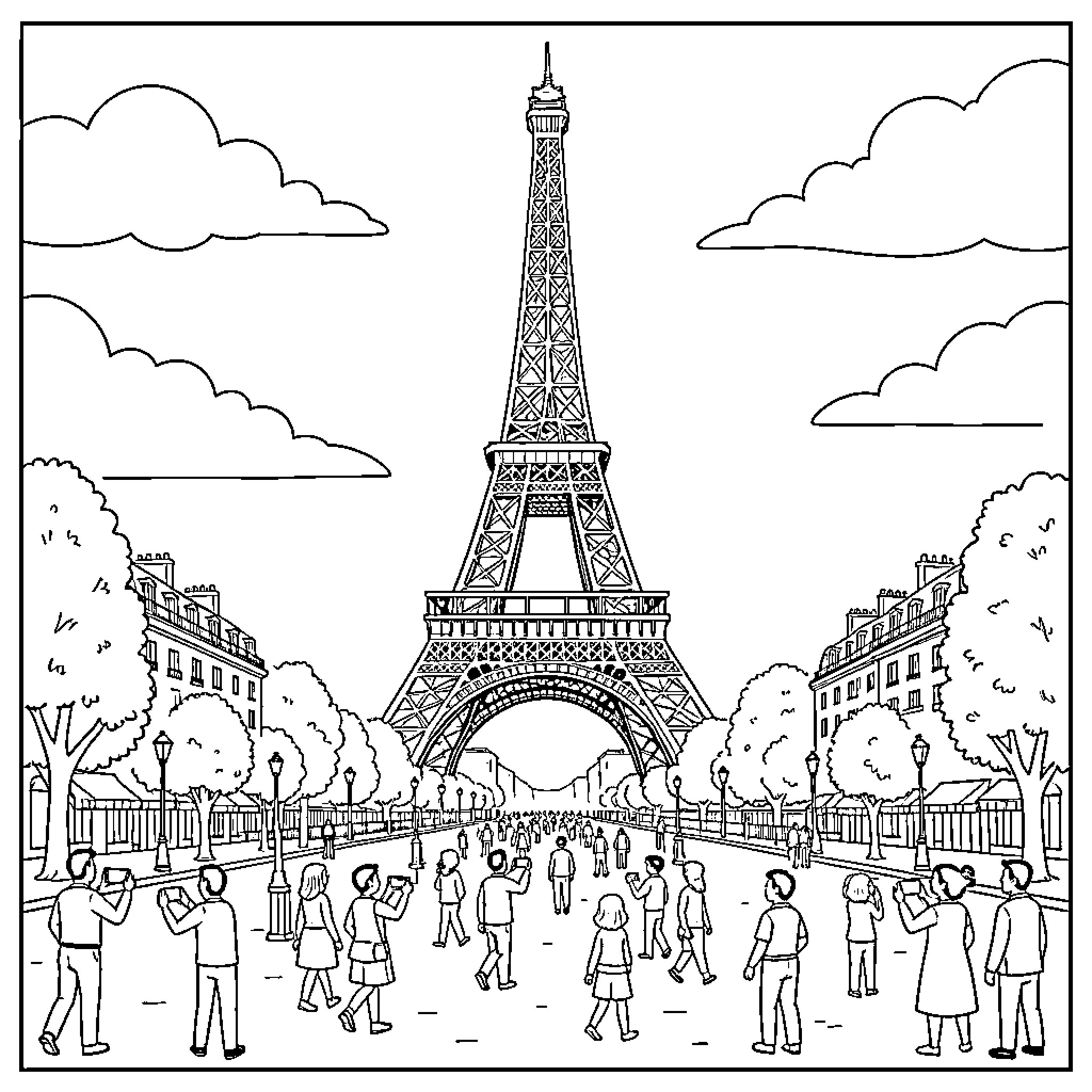 Eiffel Tower scene with tourists walking and taking photos Coloring Page (free black-and-white line drawing printable PDF for all, from beginners to advanced learners, including children, teens, adults, and seniors)