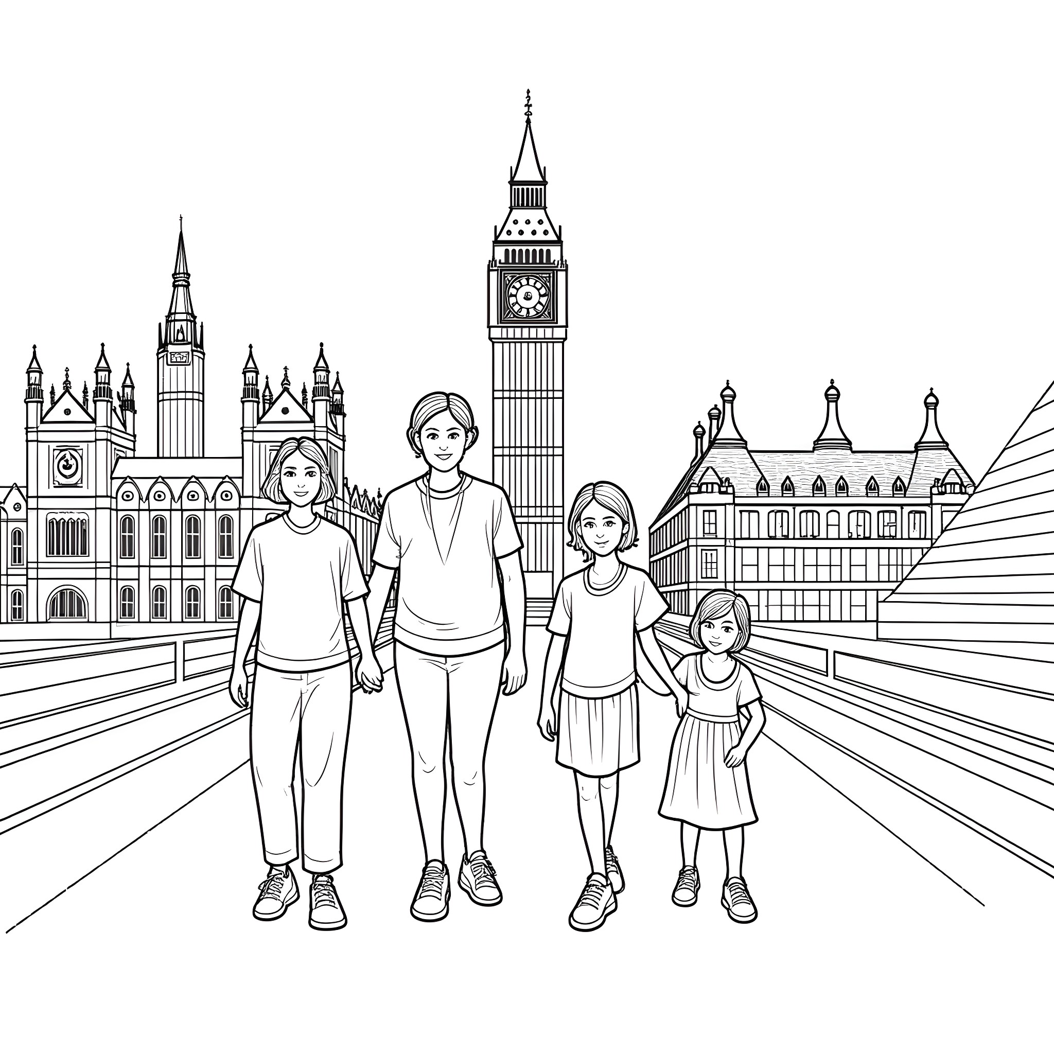 Mom's Family Exploring the Iconic Landmarks Coloring Page (free black-and-white line drawing printable PDF for all, from beginners to advanced learners, including children, teens, adults, and seniors)