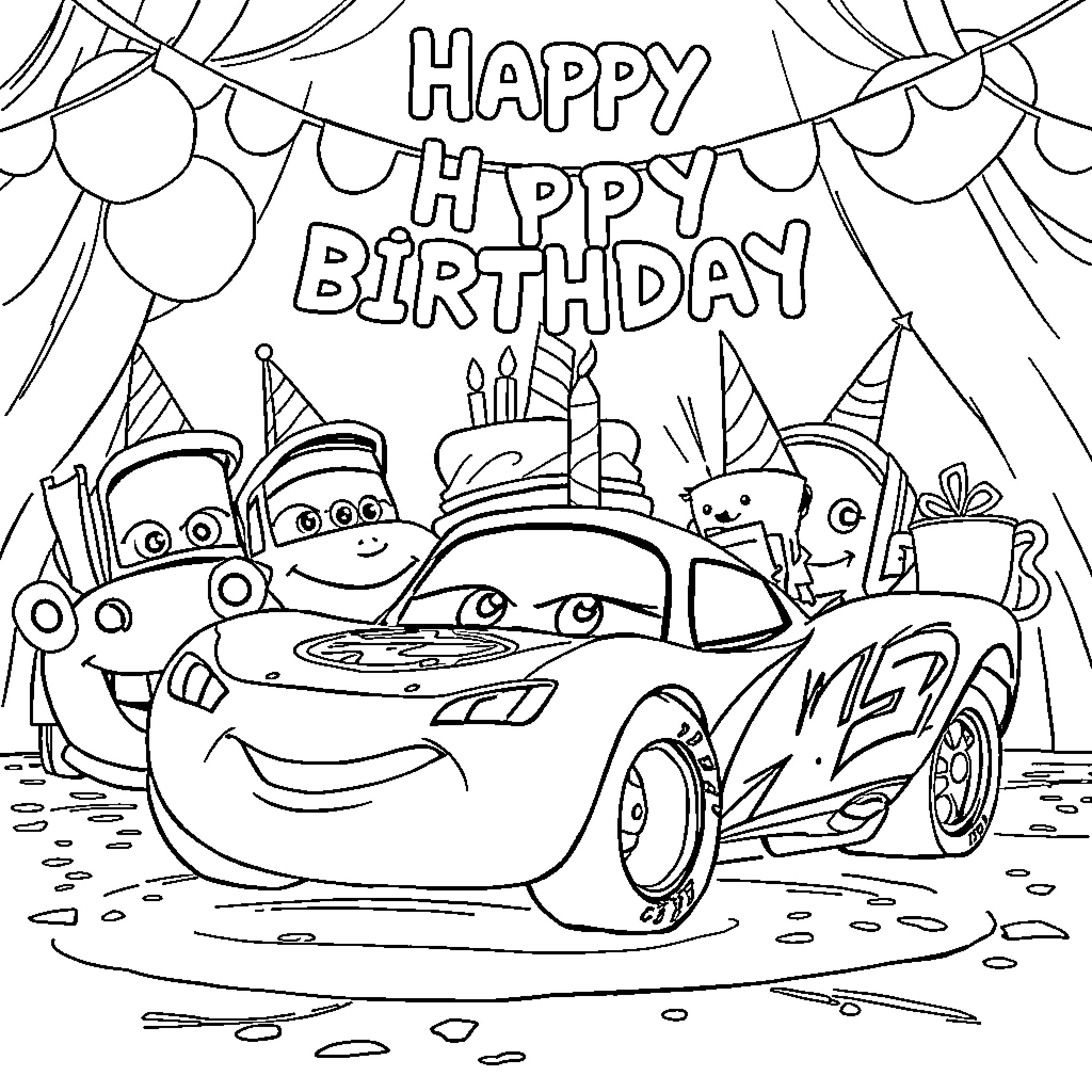 Lightning McQueen's Happy Birthday Party Coloring Page (free black-and-white line drawing printable PDF for all, from beginners to advanced learners, including children, teens, adults, and seniors)