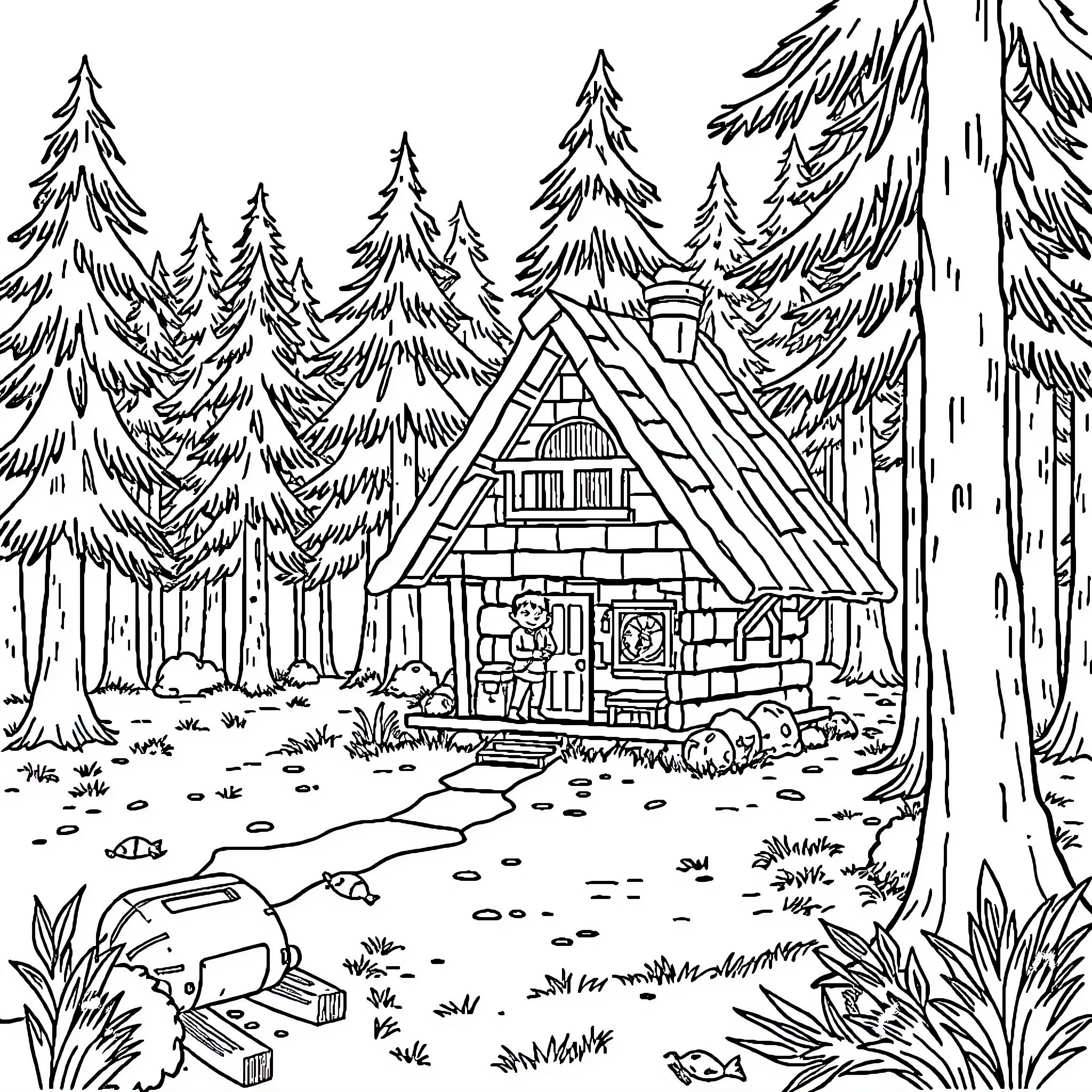Man explores charming forest cabin in the woods Coloring Page (free black-and-white line drawing printable PDF for all, from beginners to advanced learners, including children, teens, adults, and seniors)