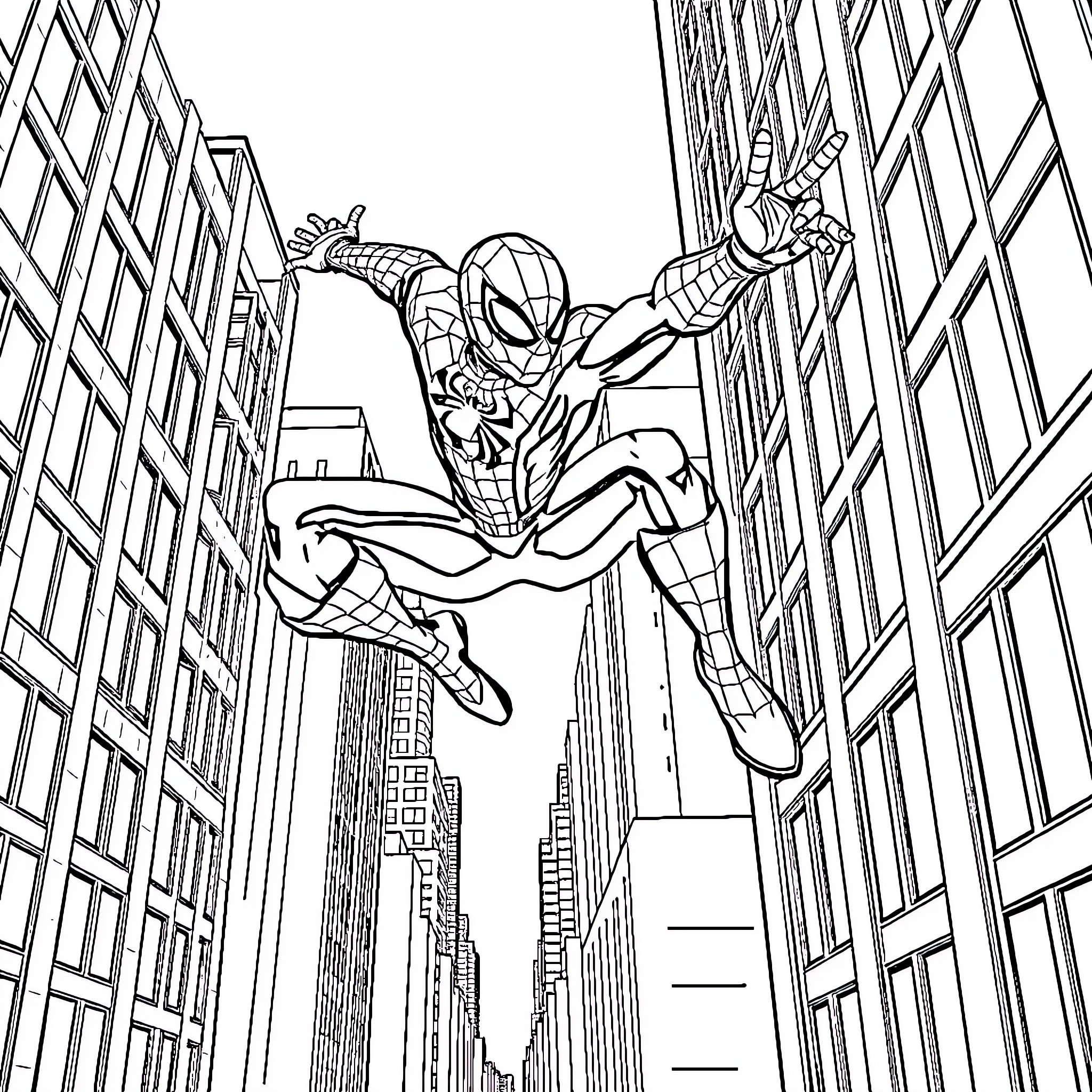 Spider-Man swinging through the city skyline Coloring Page (free black-and-white line drawing printable PDF for all, from beginners to advanced learners, including children, teens, adults, and seniors)