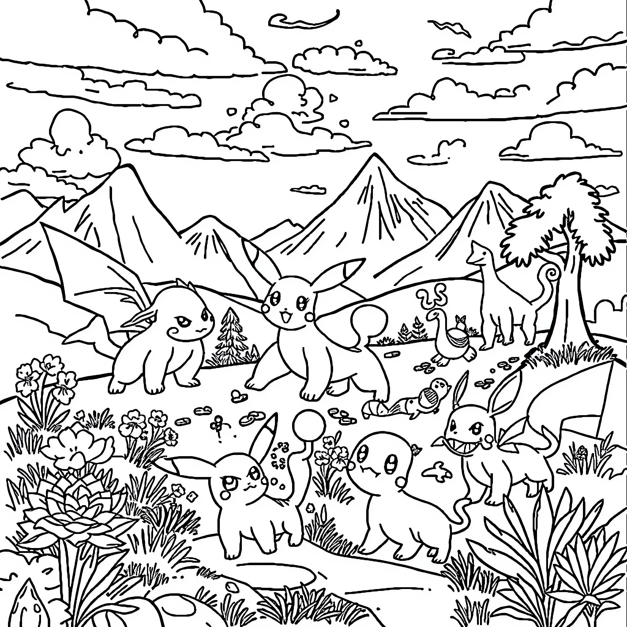 Pokémon exploring a natural landscape Coloring Page (free black-and-white line drawing printable PDF for all, from beginners to advanced learners, including children, teens, adults, and seniors)