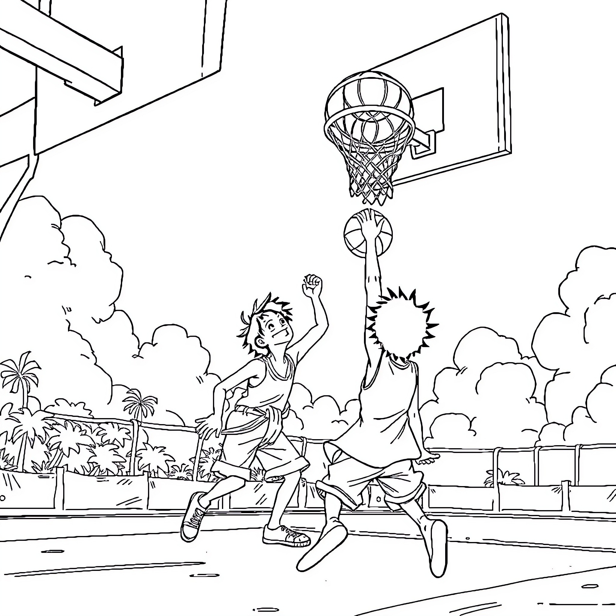Luffy playing basketball with friends in an outdoor court Coloring Page (free black-and-white line drawing printable PDF for all, from beginners to advanced learners, including children, teens, adults, and seniors)