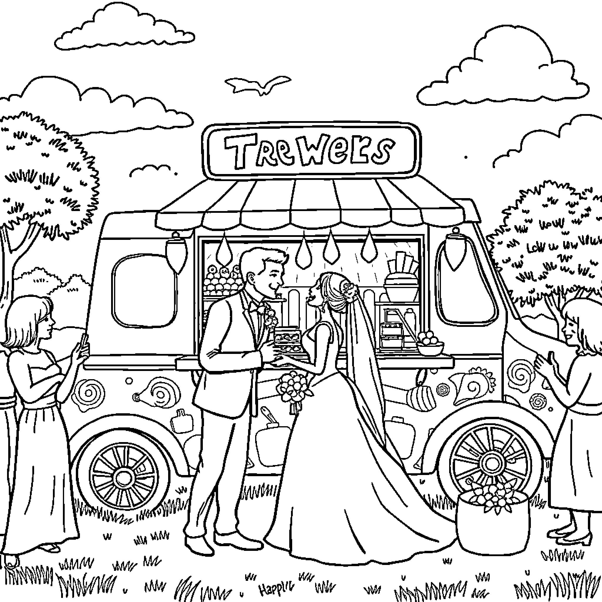 Wedding celebration at the Trowels food truck Coloring Page (free black-and-white line drawing printable PDF for all, from beginners to advanced learners, including children, teens, adults, and seniors)