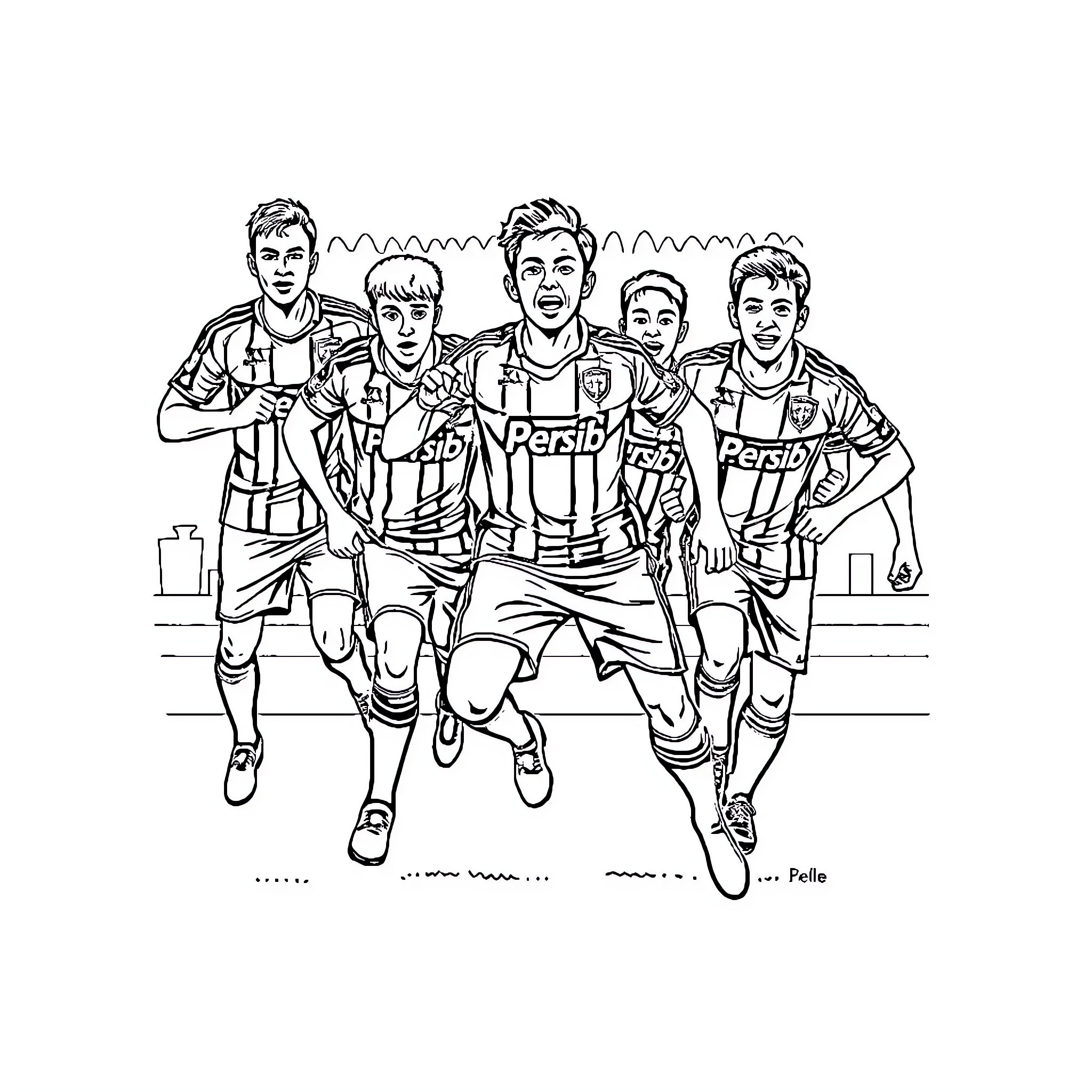 Persib team players in action on the field Coloring Page (free black-and-white line drawing printable PDF for all, from beginners to advanced learners, including children, teens, adults, and seniors)