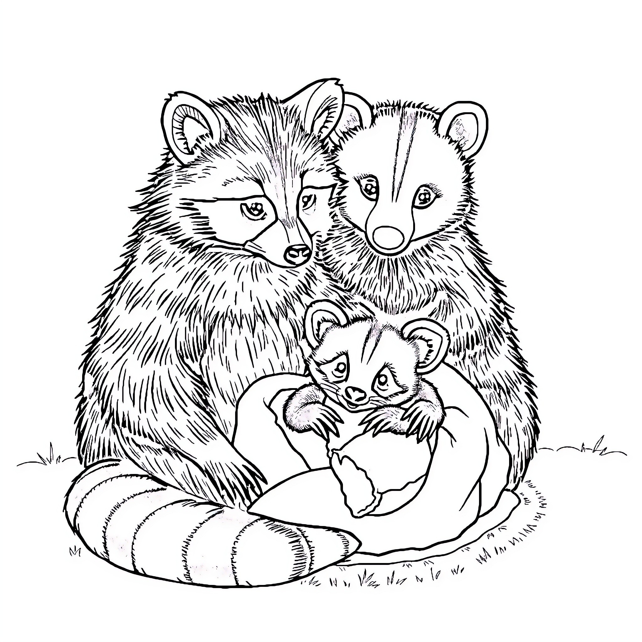 Raccoon family huddled together in nature Coloring Page (free black-and-white line drawing printable PDF for all, from beginners to advanced learners, including children, teens, adults, and seniors)