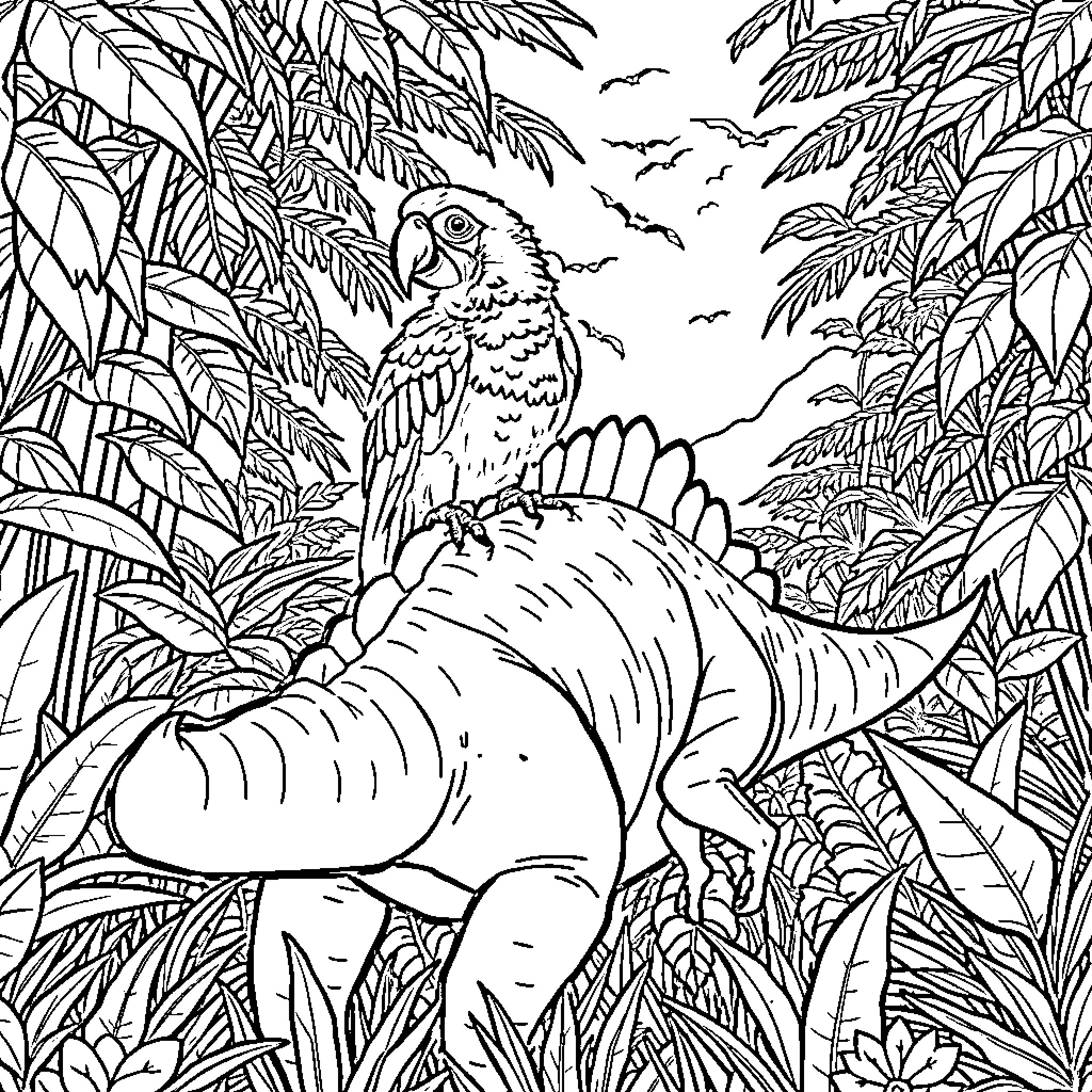 Dinosaur in the Tropical Jungle with Parrot Coloring Page (free black-and-white line drawing printable PDF for all, from beginners to advanced learners, including children, teens, adults, and seniors)
