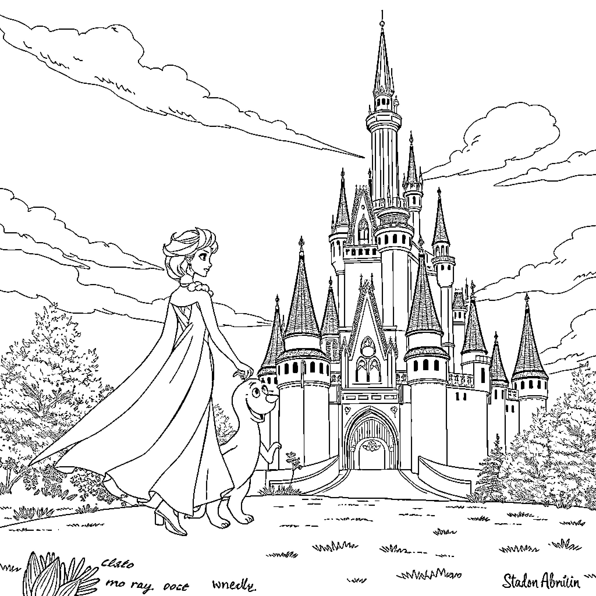 Elsa admiring the enchanting castle in the distance Coloring Page (free black-and-white line drawing printable PDF for all, from beginners to advanced learners, including children, teens, adults, and seniors)