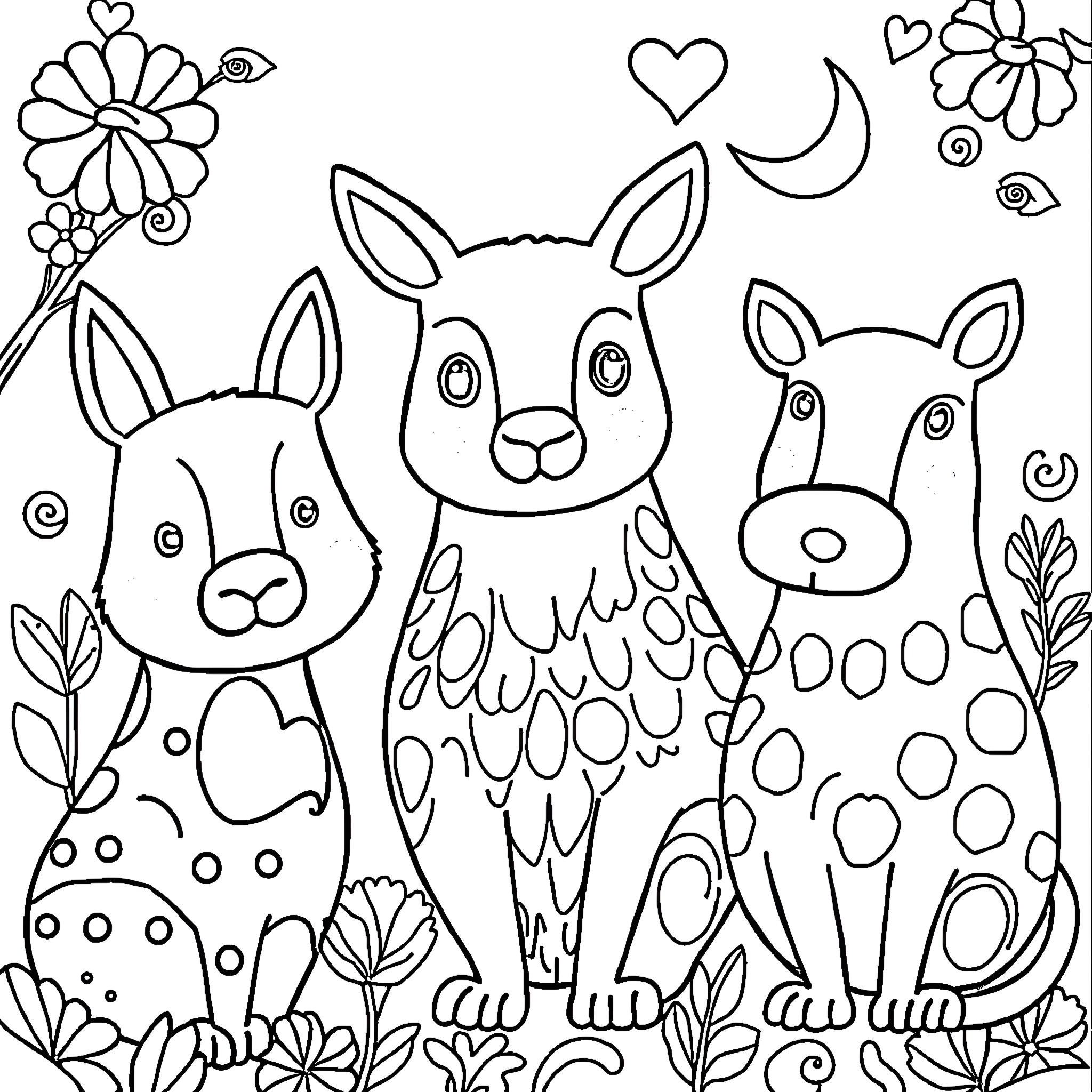 Animal friends in the floral garden Coloring Page (free black-and-white line drawing printable PDF for all, from beginners to advanced learners, including children, teens, adults, and seniors)