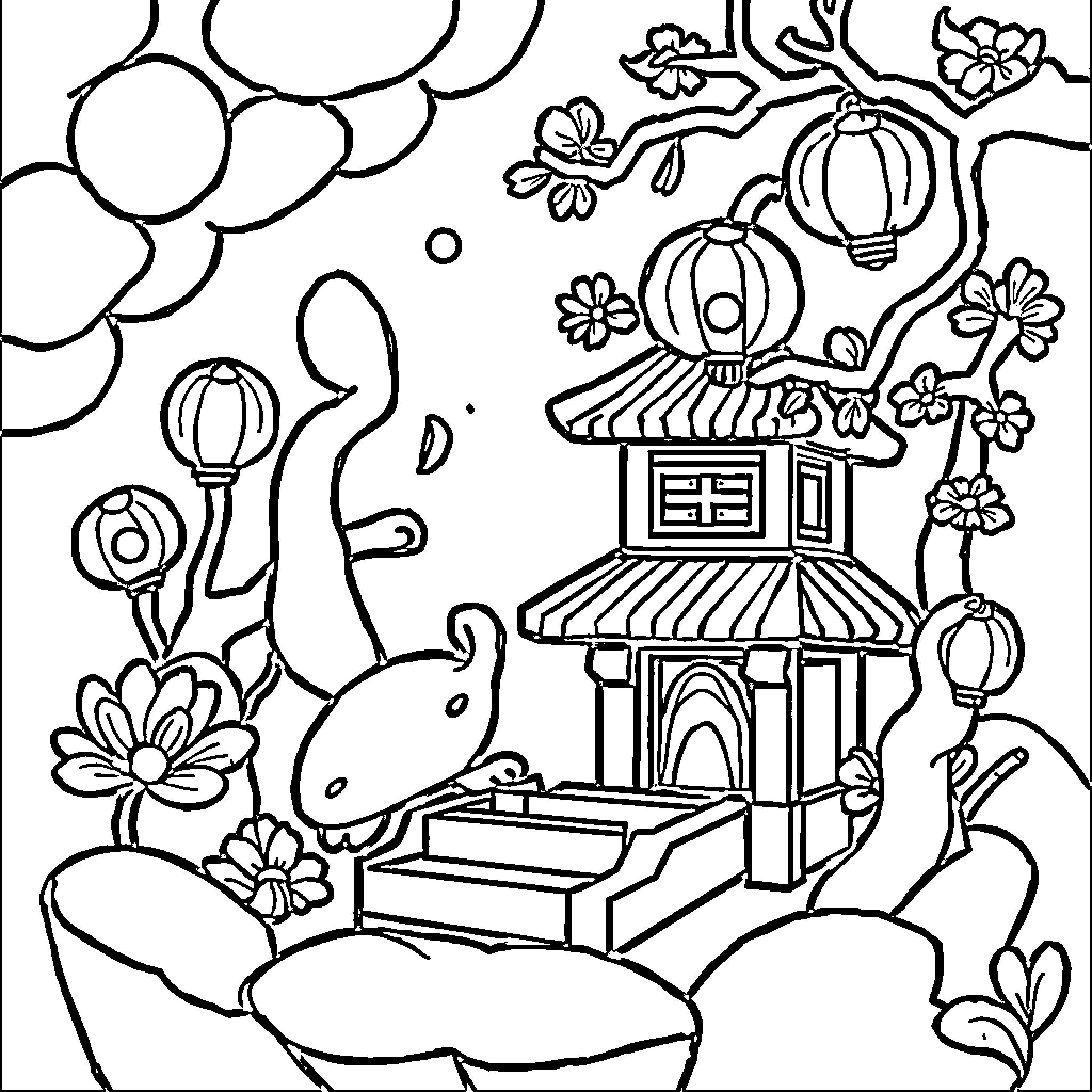 Pig playing in a whimsical garden with lanterns Coloring Page (free black-and-white line drawing printable PDF for all, from beginners to advanced learners, including children, teens, adults, and seniors)