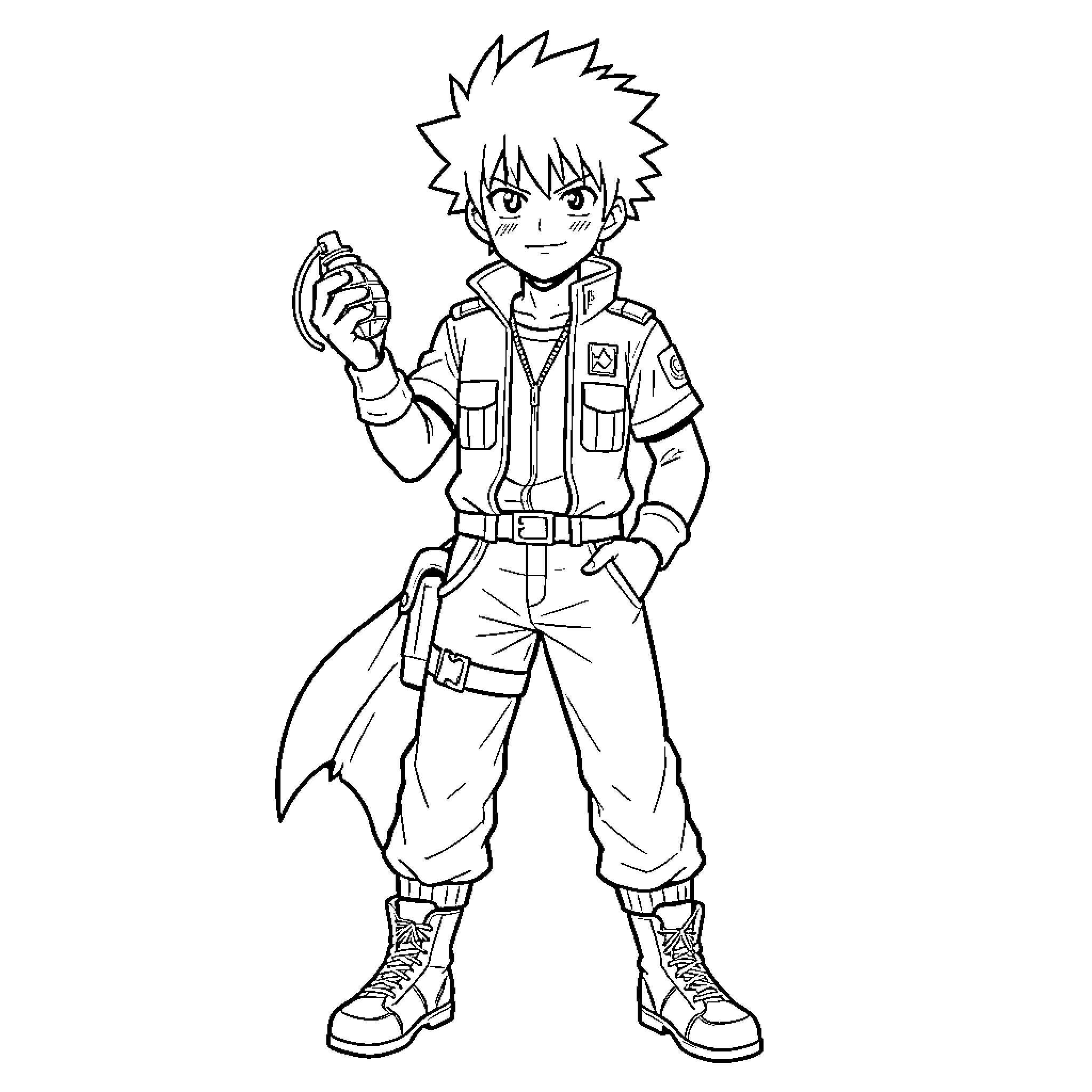 Senku holding a scientific flask with a confident smile Coloring Page (free black-and-white line drawing printable PDF for all, from beginners to advanced learners, including children, teens, adults, and seniors)