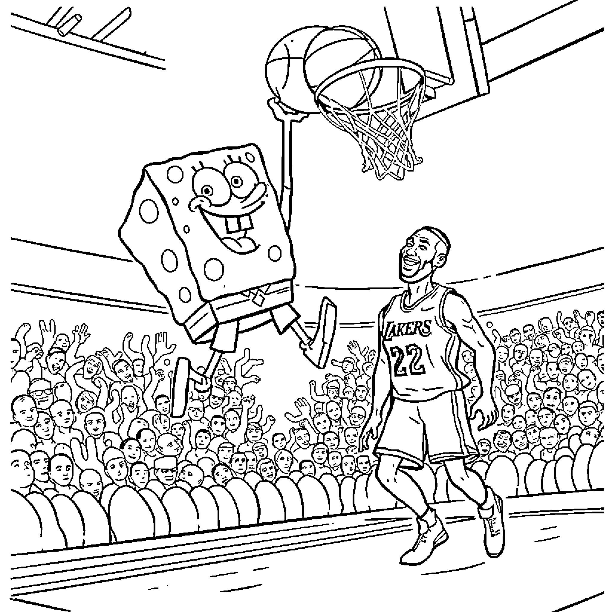 Spongebob dunking on the basketball court with the crowd Coloring Page (free black-and-white line drawing printable PDF for all, from beginners to advanced learners, including children, teens, adults, and seniors)