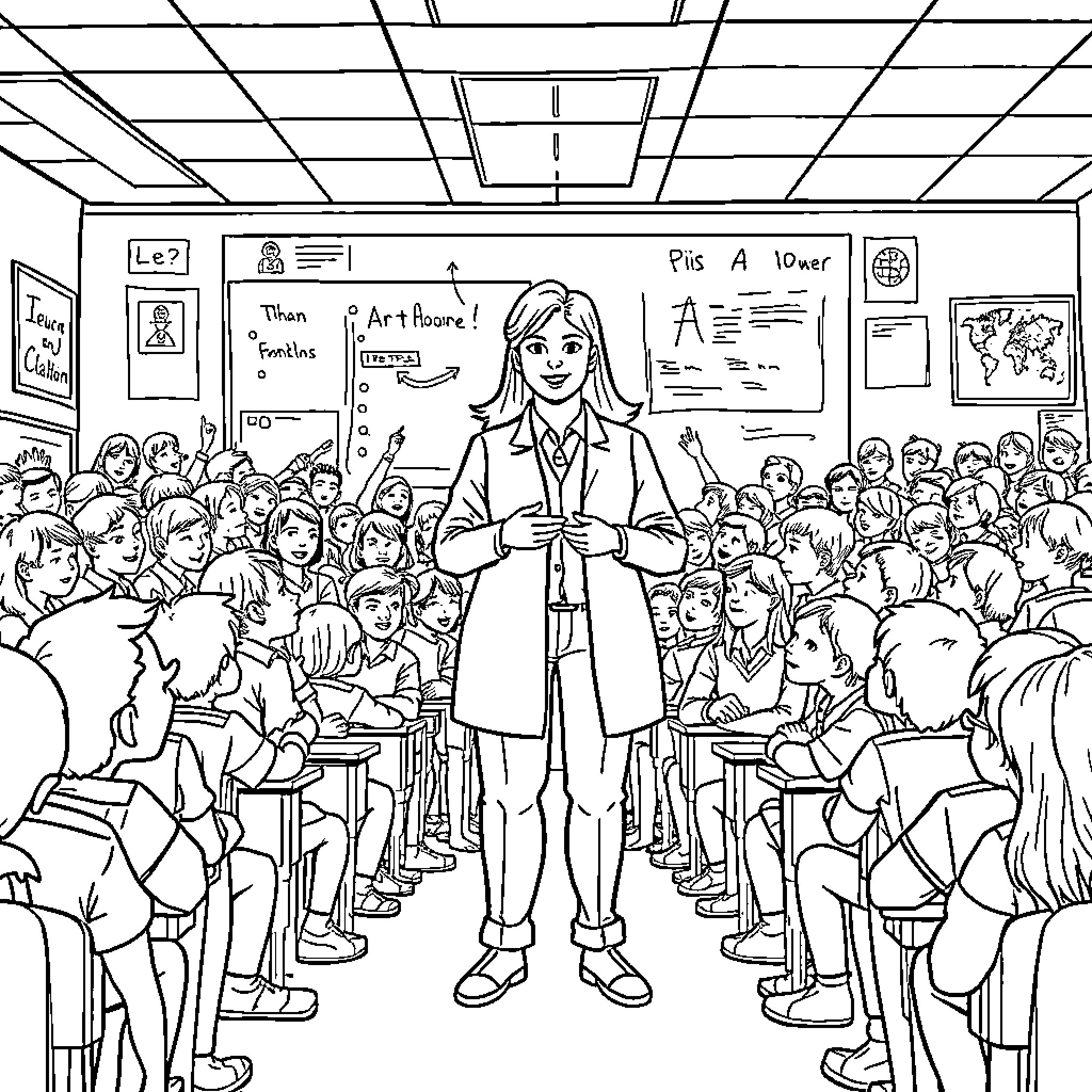 Teacher Presenting to Attentive Students in Classroom Coloring Page (free black-and-white line drawing printable PDF for all, from beginners to advanced learners, including children, teens, adults, and seniors)