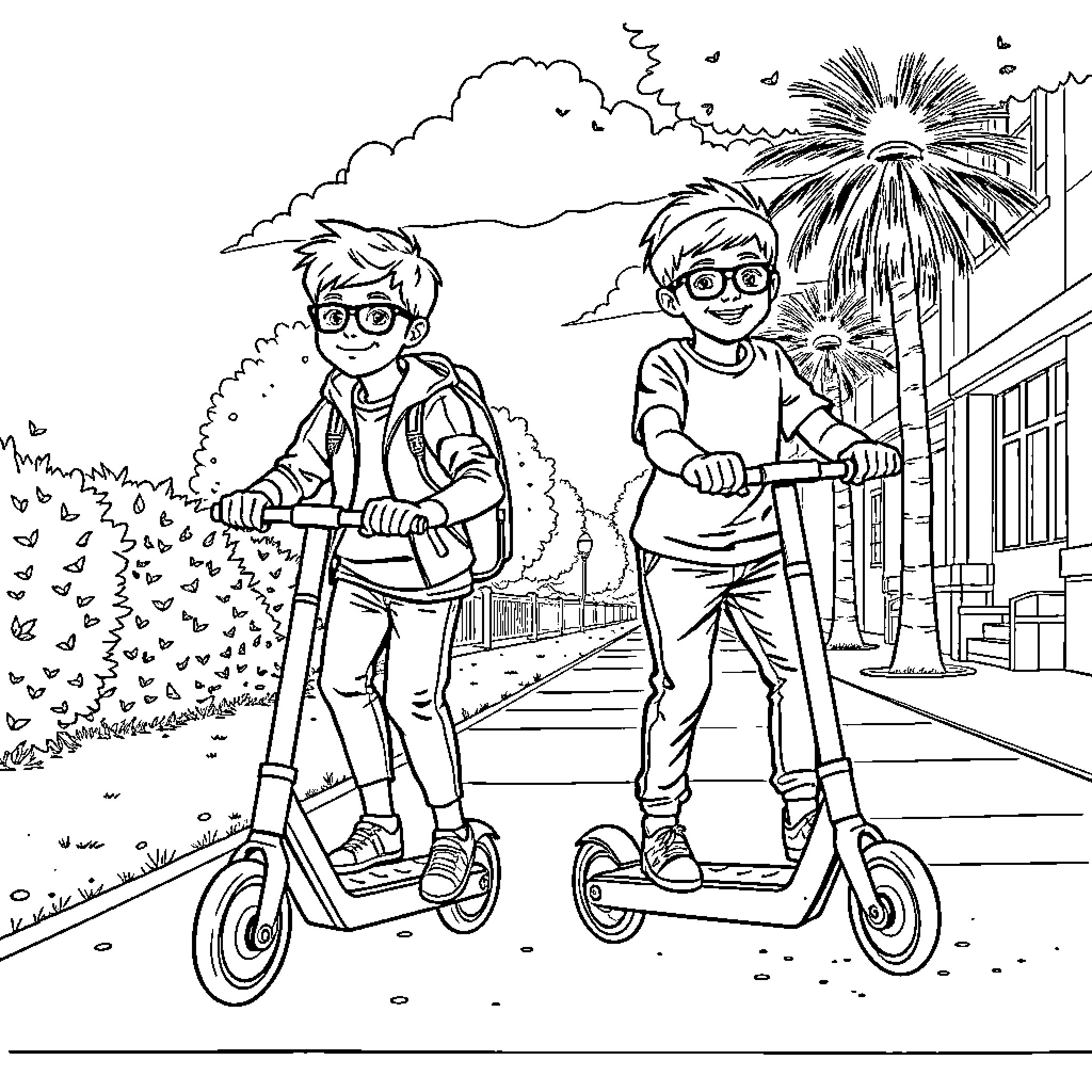 Boy friends riding scooters in the city Coloring Page (free black-and-white line drawing printable PDF for all, from beginners to advanced learners, including children, teens, adults, and seniors)