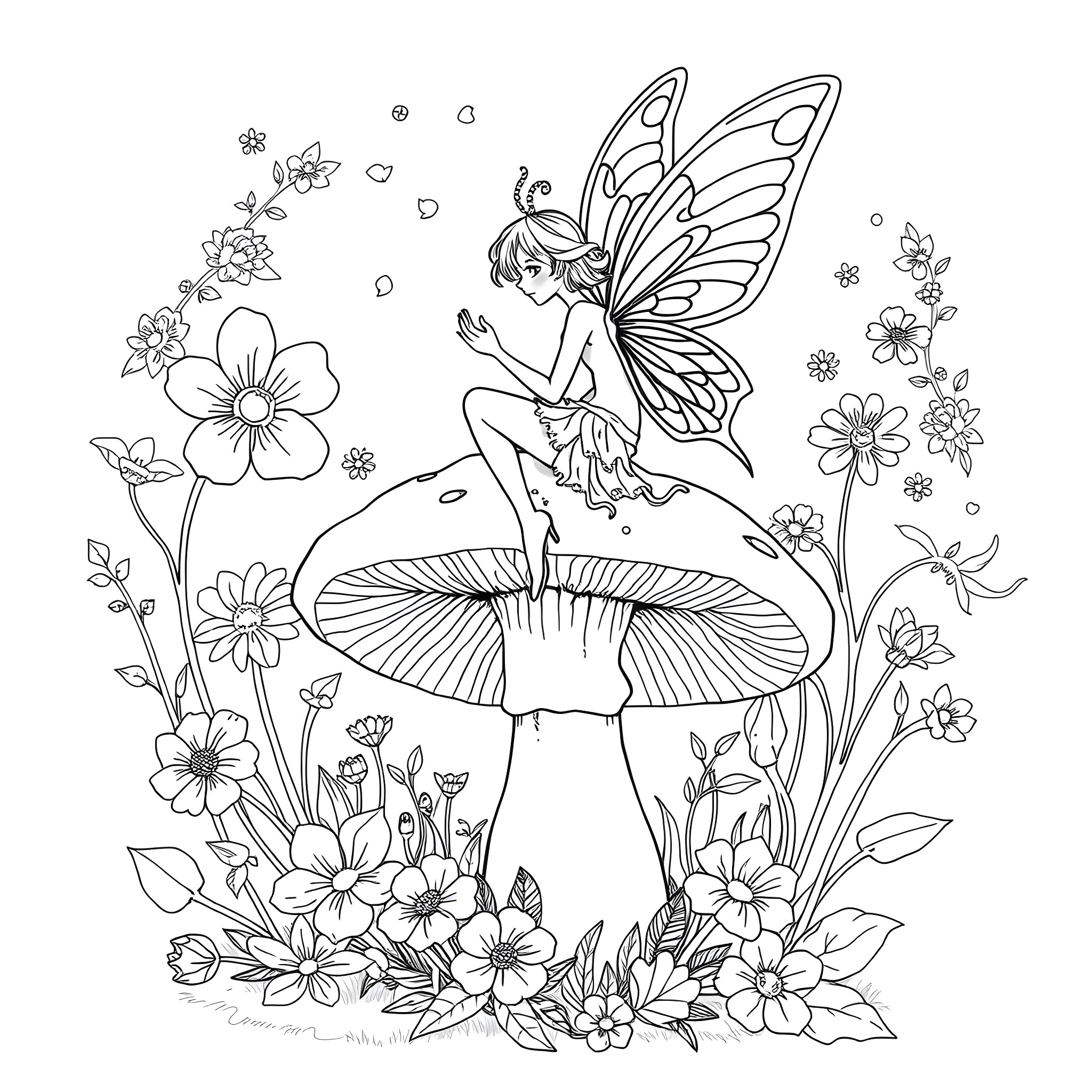 Fairy resting on a mushroom among blooming flowers Coloring Page (free black-and-white line drawing printable PDF for all, from beginners to advanced learners, including children, teens, adults, and seniors)