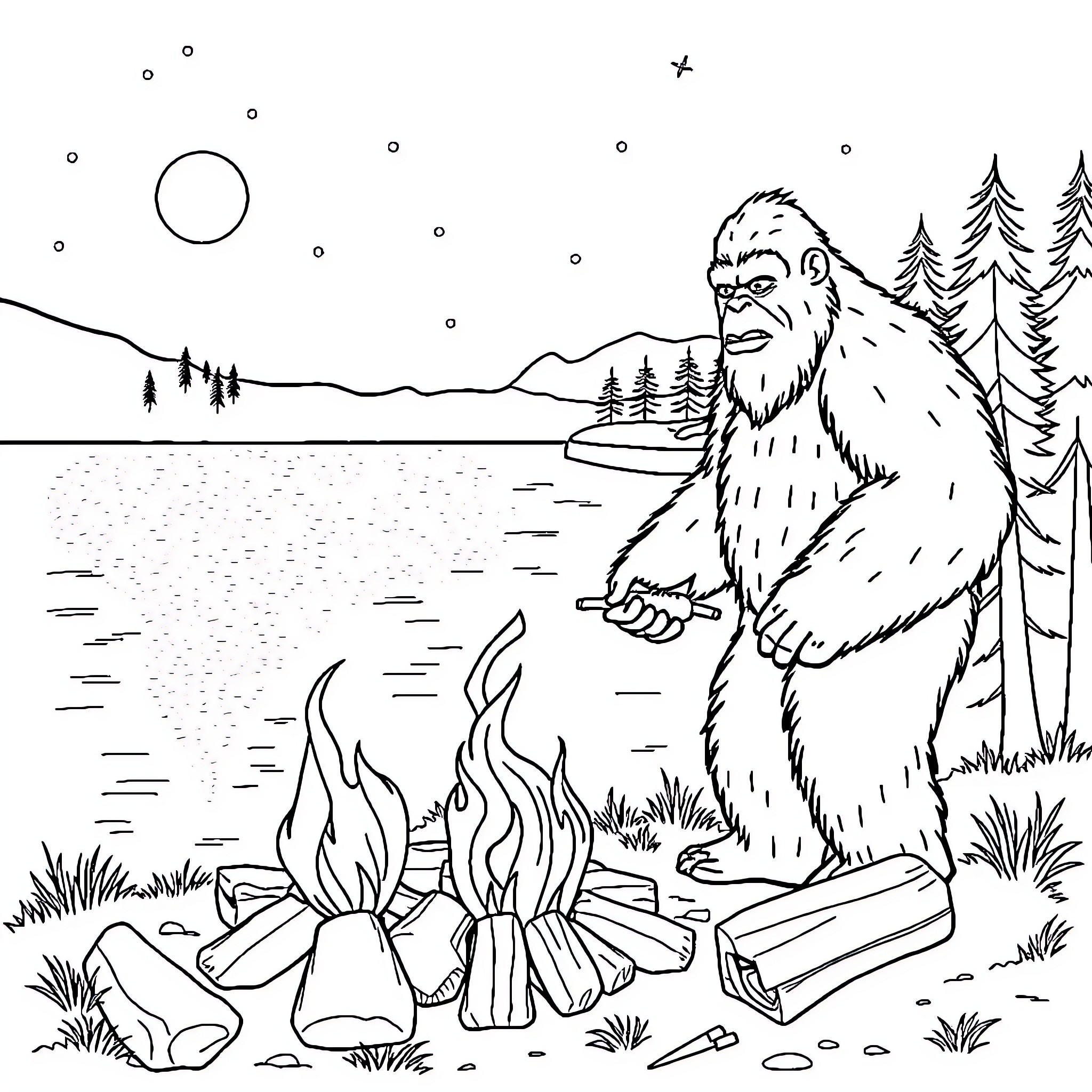 Bigfoot enjoying a campfire in the wilderness Coloring Page (free black-and-white line drawing printable PDF for all, from beginners to advanced learners, including children, teens, adults, and seniors)