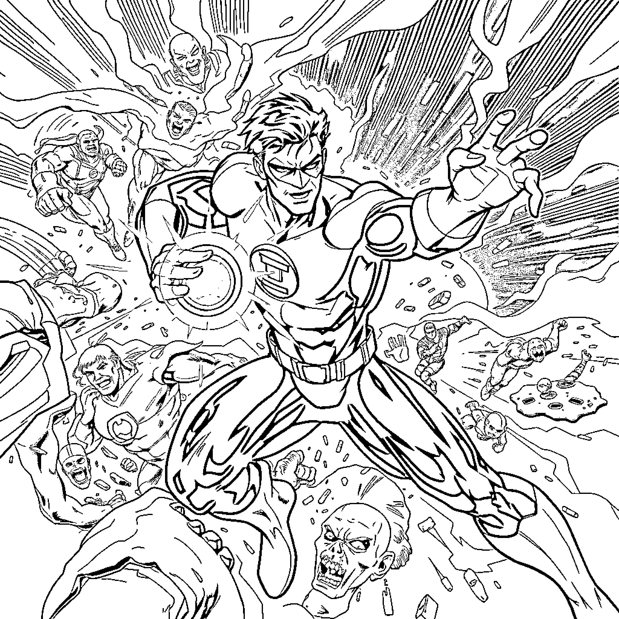 Green Lantern's Heroic Clash with Villainous Foes Coloring Page (free black-and-white line drawing printable PDF for all, from beginners to advanced learners, including children, teens, adults, and seniors)